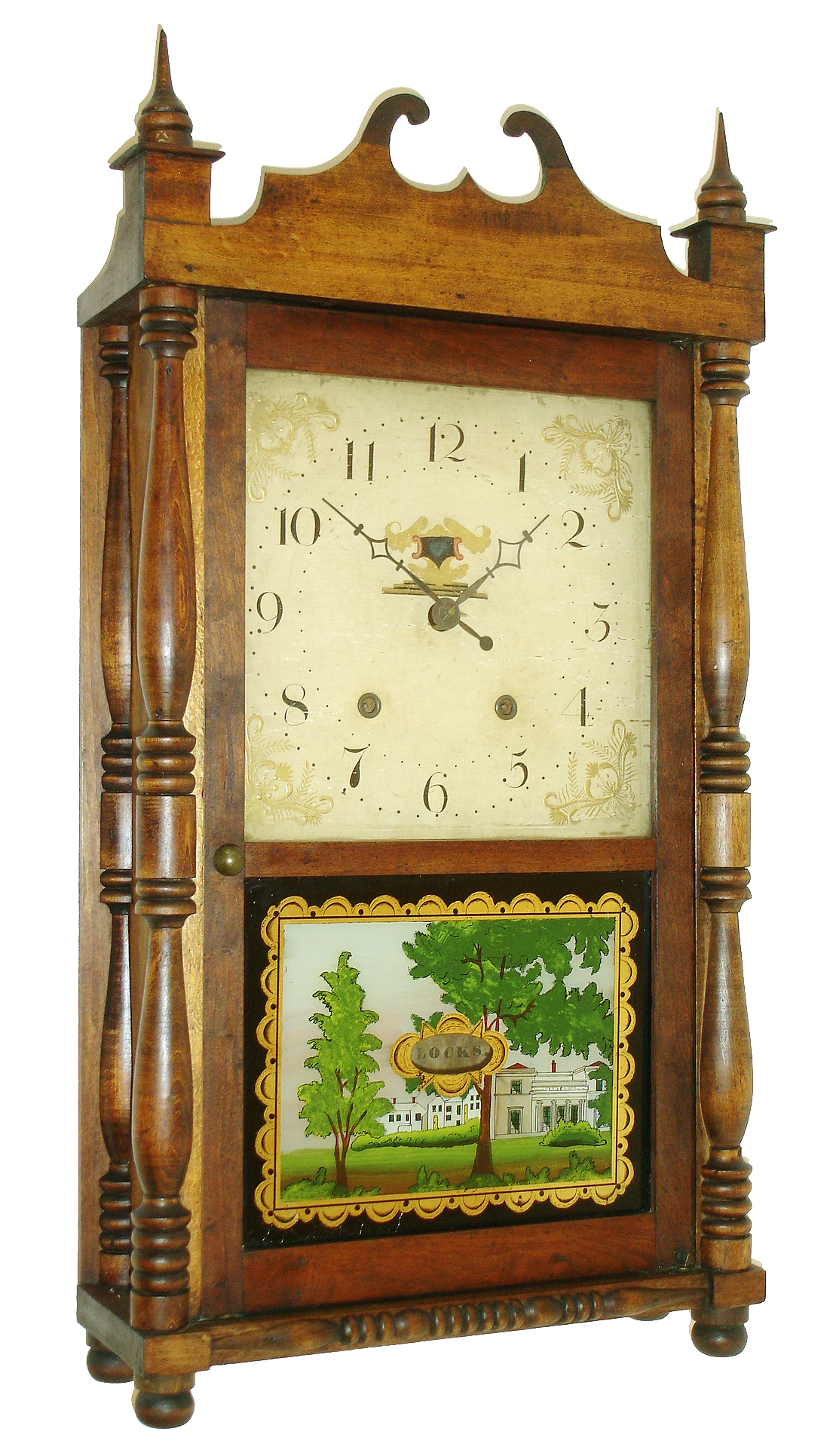 William Sherwin, Buckland, Mass., 30 hours, time and strike, wood movement turned columns and scroll splat shelf clock, c1830 — Antique Clocks Price Guide