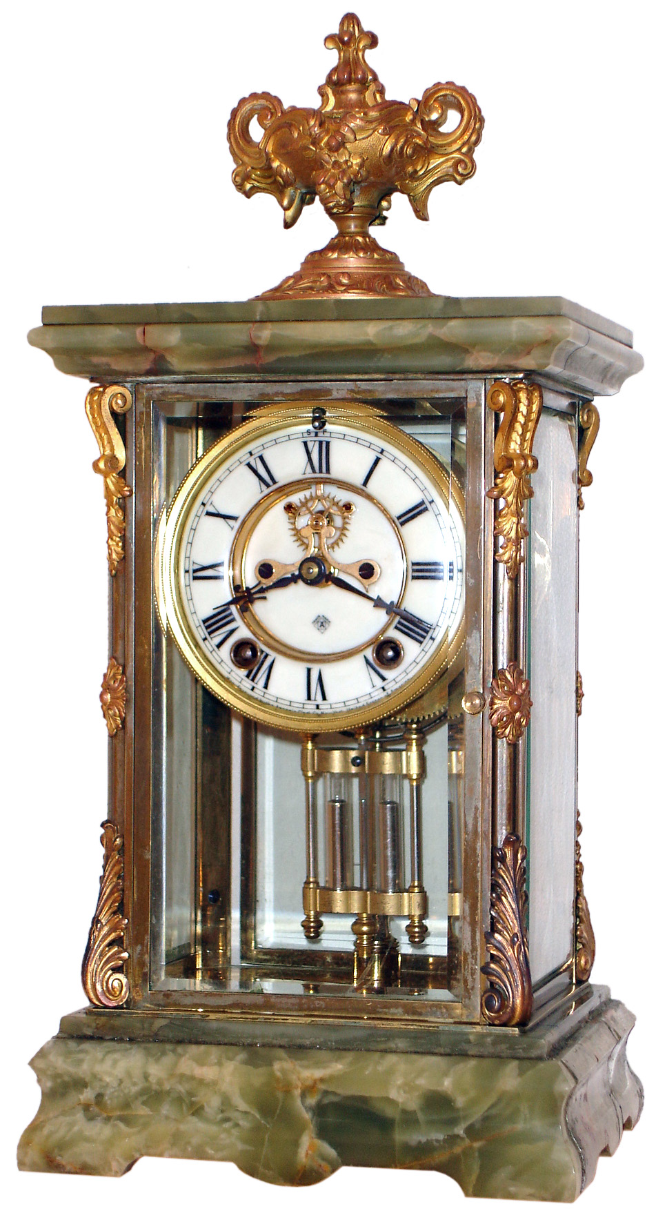Ansonia Clock Co., New York, "Consort" 8 days, time and strike, crystal regulator with green onyx top and base, visible escapement, c1914 — Antique Clocks Price Guide