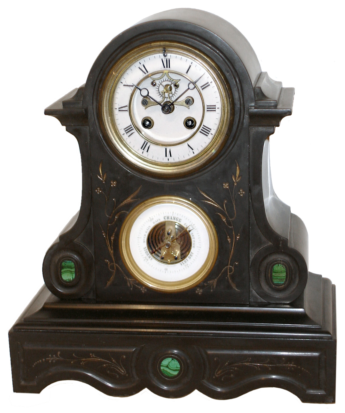 French black slate and malachite 8 days, time and strike, mantel clock with visible escapement and inset barometer, c1900 — Antique Clocks Price Guide