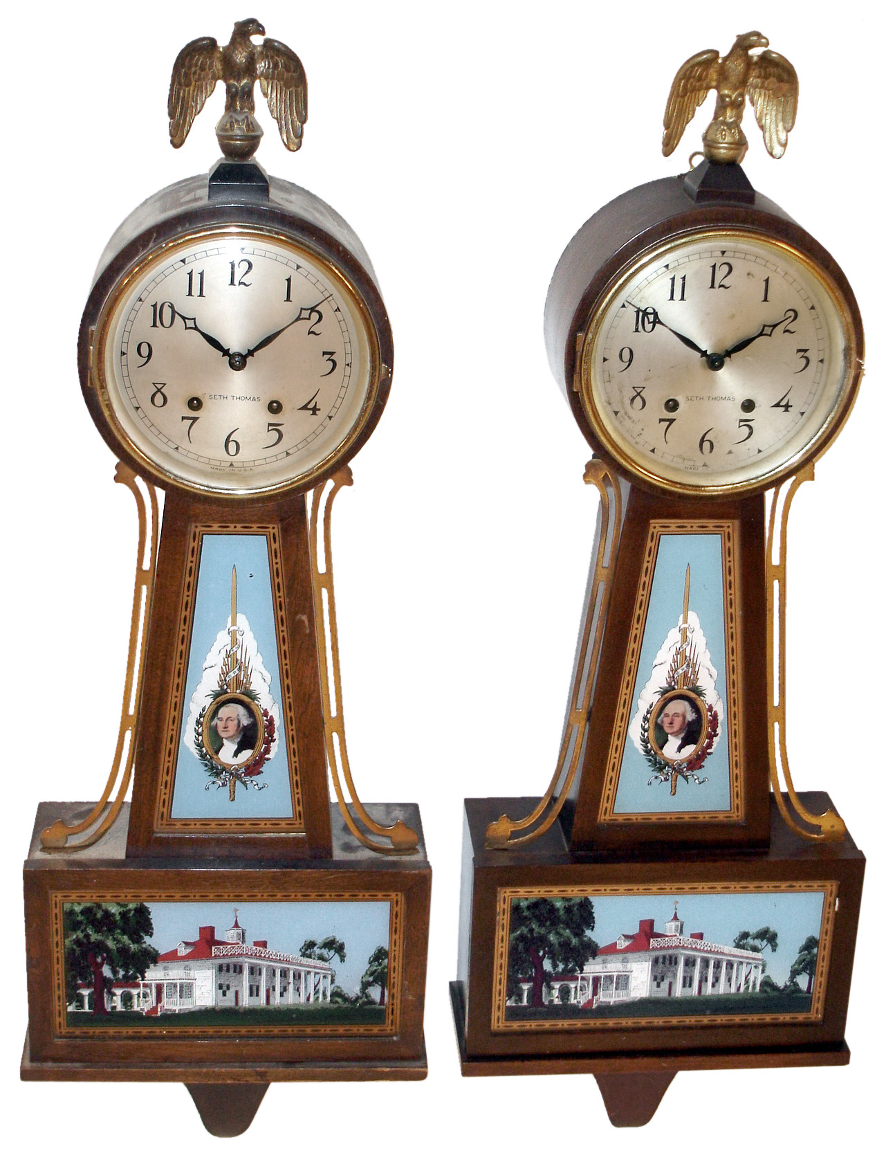 Clocks- 4 (Four) 8 days, time and strike, spring driven Connecticut banjo clocks: 2 Seth Thomas "Crandall"; New Haven "Whitney"; and Sessions "Delaware"; early 20th century — Antique Clocks Price Guide