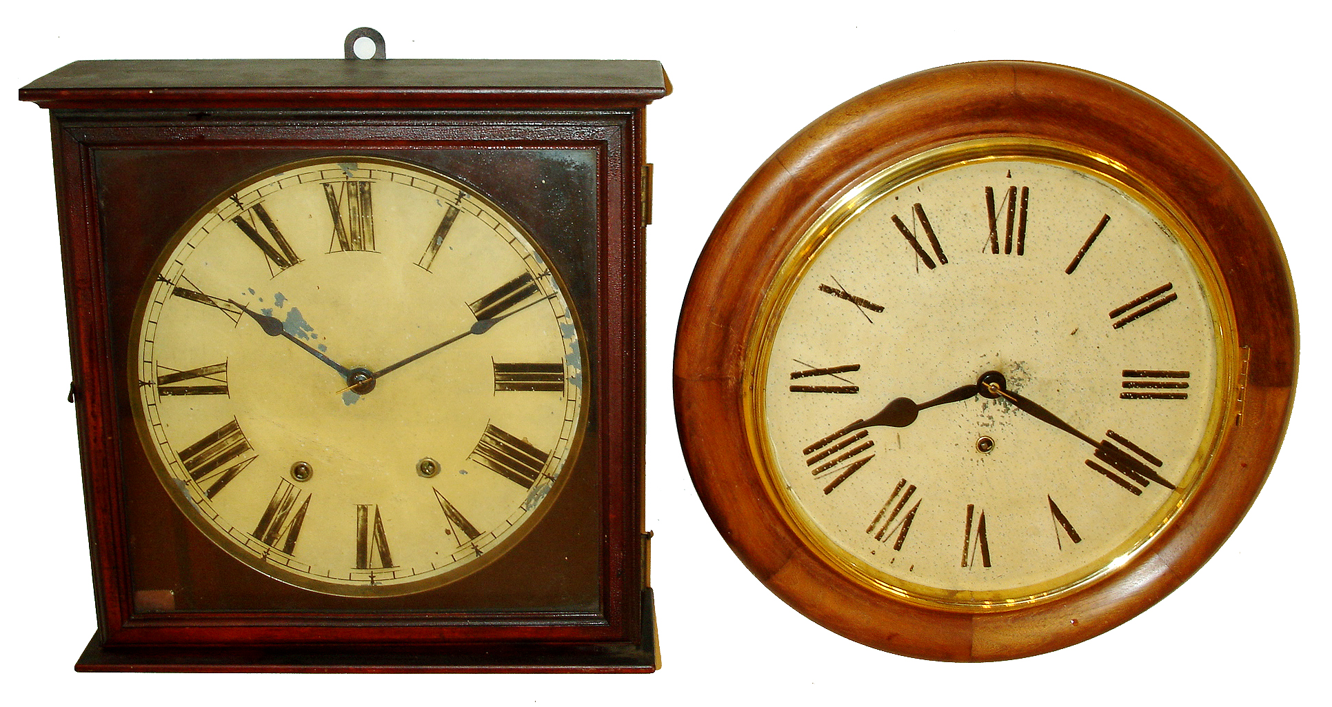 Clocks- 2 (Two) Connecticut 8 days, gallery wall clocks: Seth Thomas mahogany square time and strike; Ansonia hardwood time only; c1900 — Antique Clocks Price Guide