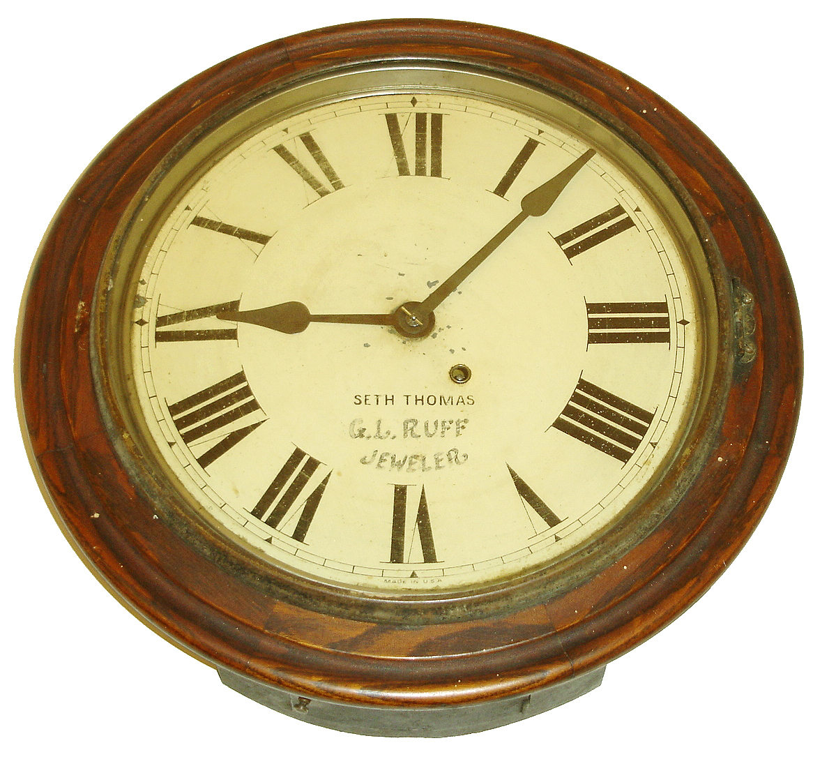 Seth Thomas Clock Co., Thomaston, Conn., "Office No. 4" wall clock, 8 days, time only, spring driven movement in an oak case with painted metal dial, c1915 — Antique Clocks Price Guide