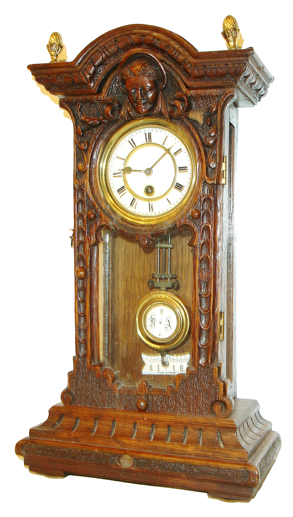 German miniature shelf clock, 8 days, time only, spring driven movement in a carved walnut case with white enamel dial and enameled R/A pendulum bob and indicator, c1875 — Antique Clocks Price Guide