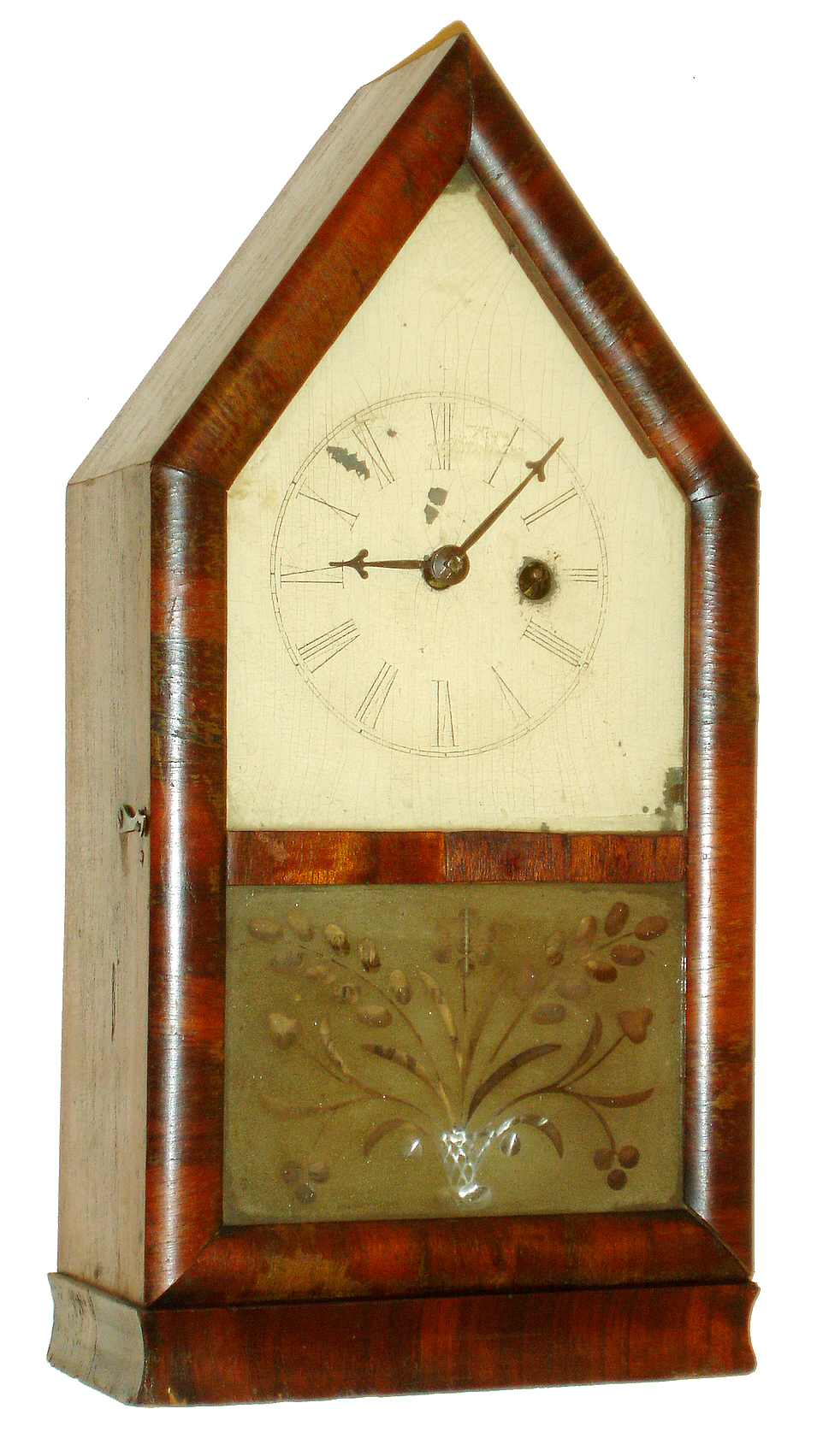 Forestville Hardware Clock Co., Forestville (Bristol), Conn., miniature steeple or "Sharp Gothic" mantel clock, 30 hours, time only, spring driven movement in a mahogany veneered case with frosted glass and painted metal dial, c1853 — Antique Clocks Price Guide