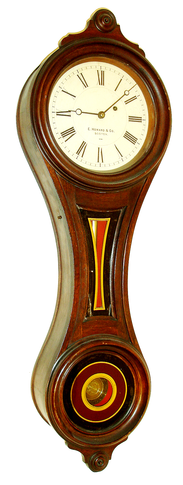 E. Howard & Co., Boston, Mass., "No. 9 Regulator" figure eight wall clock, 8 days, time only, weight driven movement in a walnut case with painted iron dial and reverse painted tablets, c1880 — Antique Clocks Price Guide