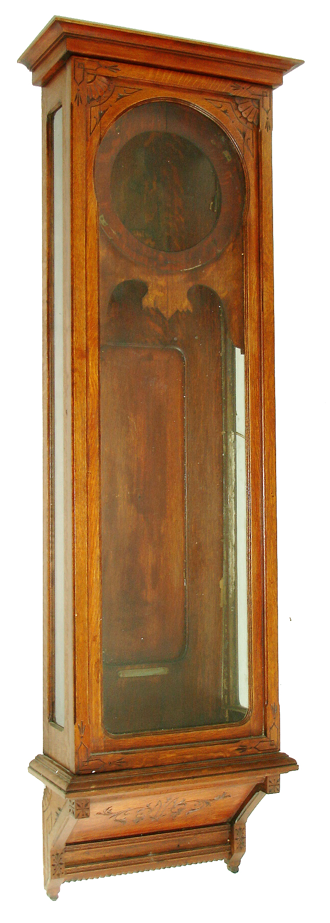 Case only- Gilbert Clock Co., Winsted, Conn. "Regulator No. 9" in oak with a Seth Thomas No. 68 time only, weight driven, trapezoidal movement only, c1900 — Antique Clocks Price Guide