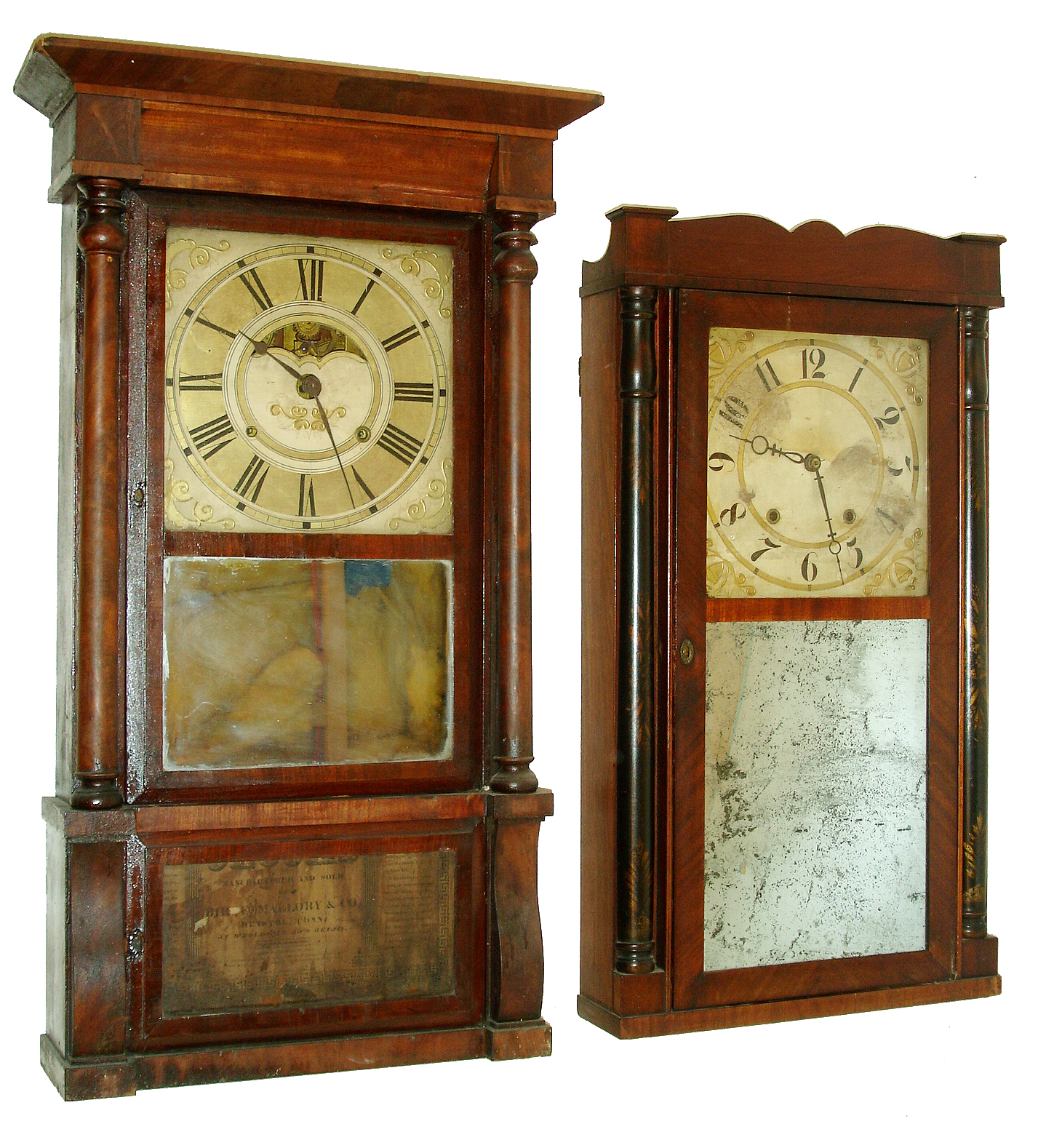 Clocks- 2 (Two): (1) Birge, Mallory & Co., Bristol, Conn., 8 days, time and strike, weight brass movement column & cornice shelf clock, c1840  (2) Henry Terry & Co., Plymouth, Conn., 30 hours, time and strike, weight wood movement half column & splat shelf clock, c1835 — Antique Clocks Price Guide