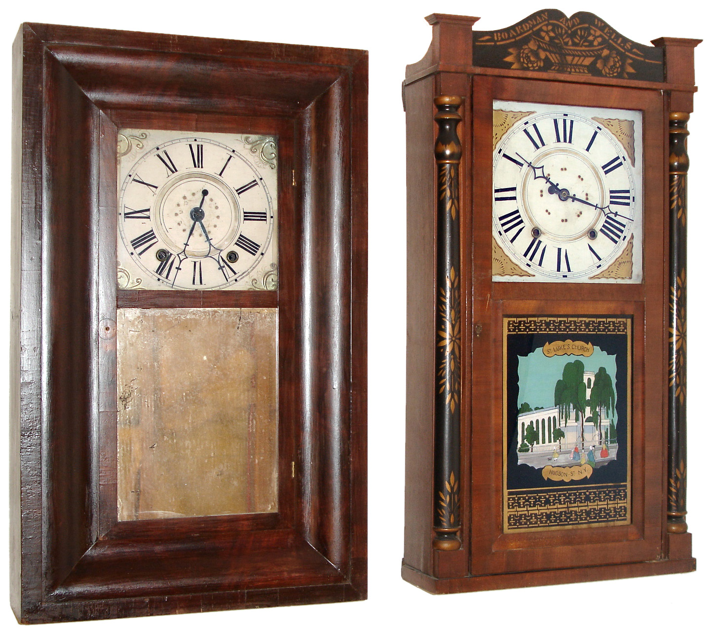 Clocks- 2 (Two): (1) Boardman & Wells, Bristol, Conn. 30 hours, time and strike, weight wood movement half column and splat shelf clock. (2) Smith & Brothers, New York, 30 hours, time and strike, weight wood movement OG shelf clock, c1840 — Antique Clocks Price Guide