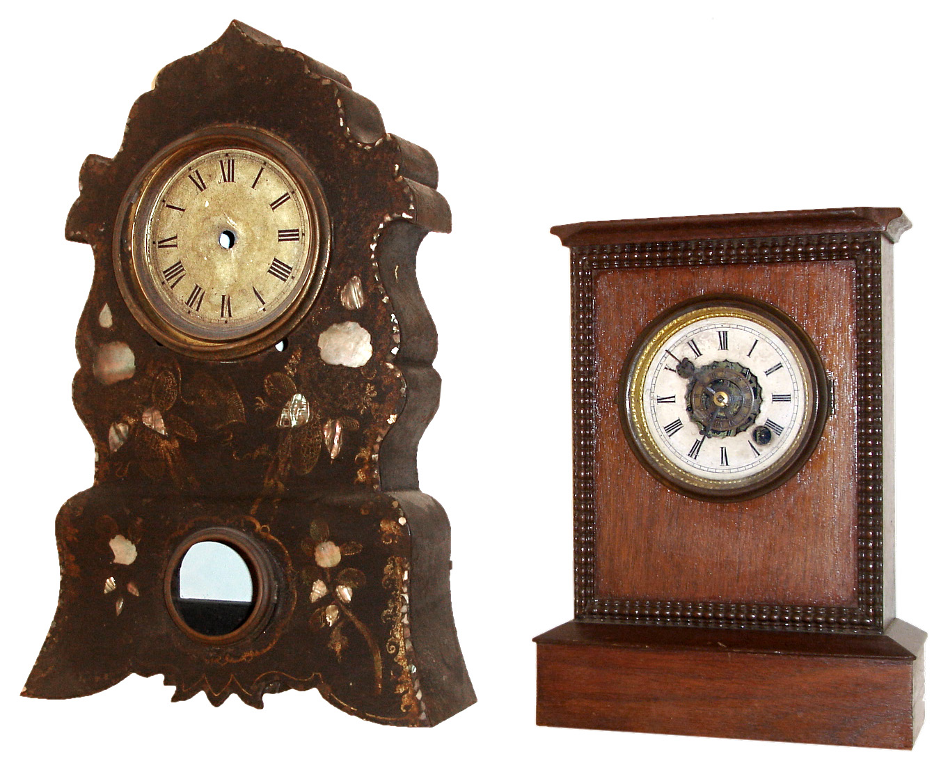 Clocks- 2 (Two): (1) Ripple front cottage time and alarm timepiece. (2) Painted iron case with MOP — Antique Clocks Price Guide