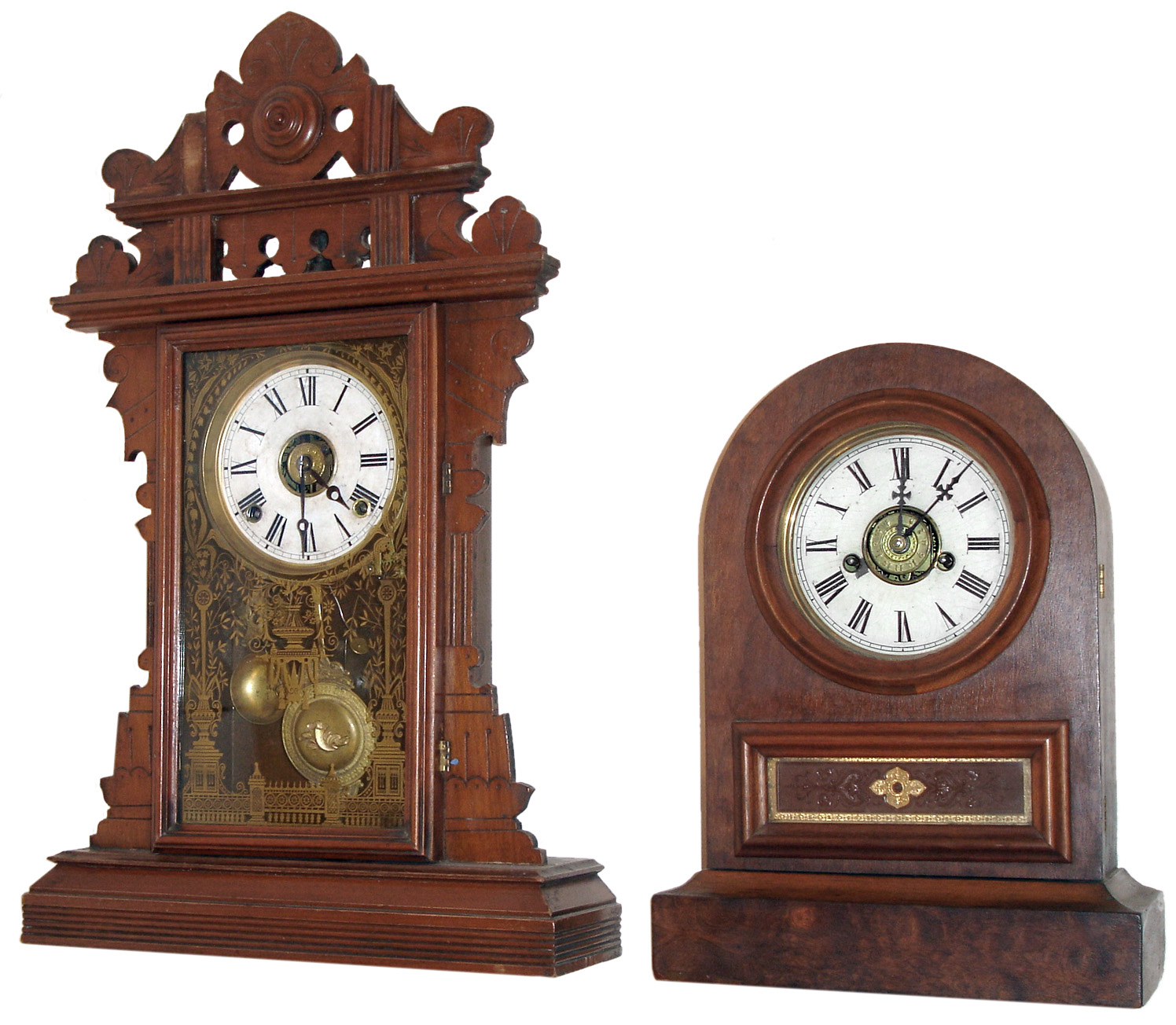 Clocks- 2 (Two):  Jerome & Co. Round Top shelf clock with a 30 hours, time/strike/alarm movement, c1865. The second is an E. N. Welch, Forestville, Conn.walnut kitchen mantel clock (unidentified model) with 8 days, time/strike/alarm movement, c1890. — Antique Clocks Price Guide