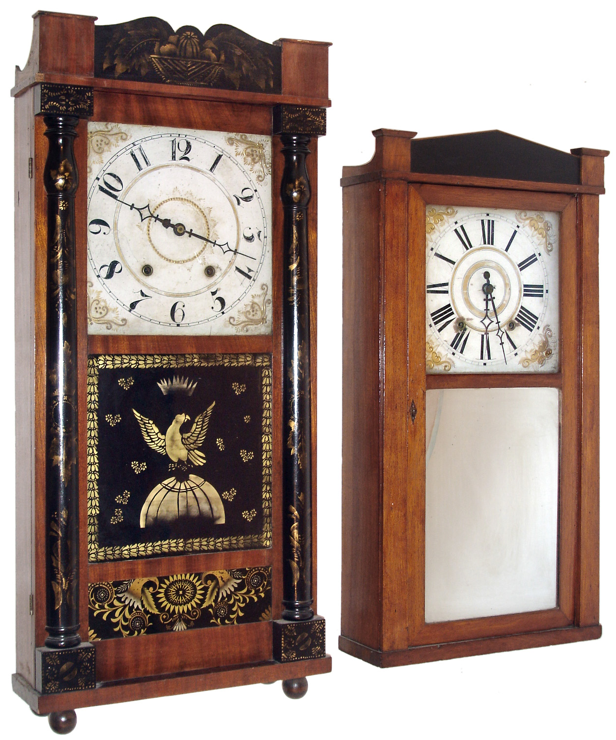 Clocks- 2 (Two): (1)C. & L. C. Ives, Bristol, Conn., 30 hours, time and strike, weight wood movement half column & splat shelf clock, c1832  (2)Jefferson Steele for W. & G. Loveland, Berlin, Conn., 30 hours, time and strike, weight wood movement shelf clock, c1835 — Antique Clocks Price Guide