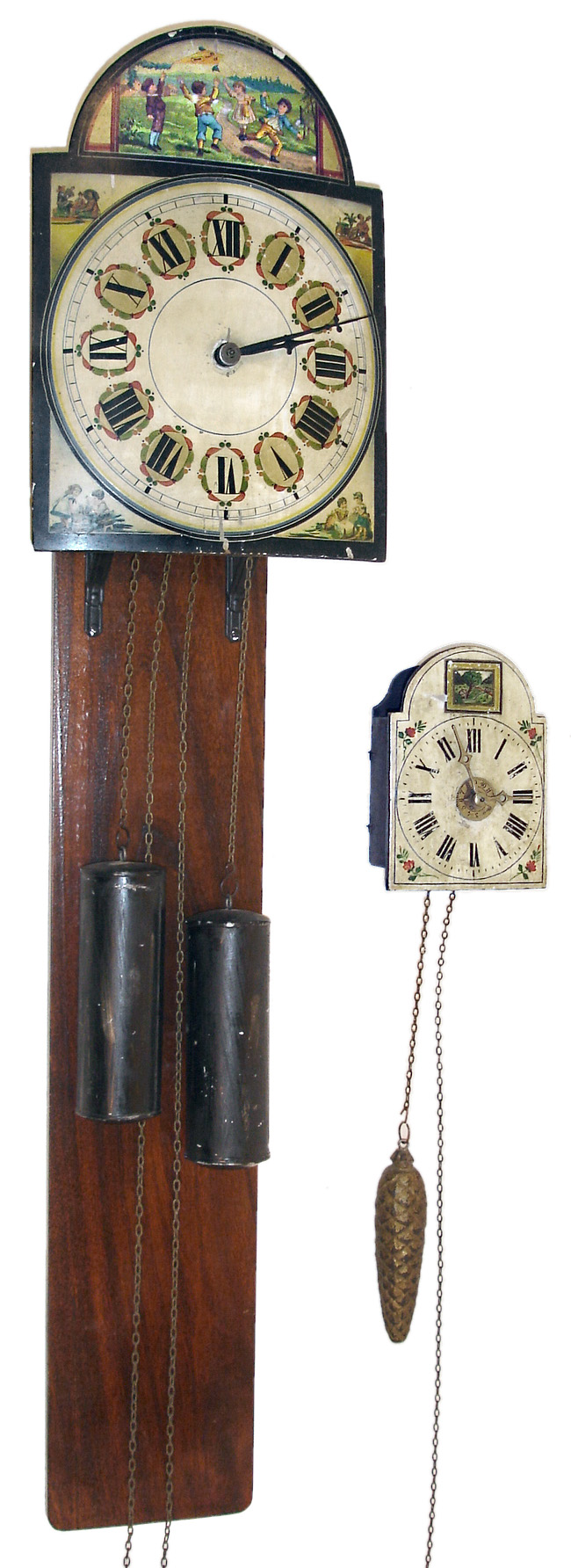 Clocks- 2 (Two): (1) German, 30 hours, time and strike, weight wood plate and brass gears wag on the wall clock, c1870 (2) German, 30 hours, weight wood plate and brass gears wag on the wall time and alarm timepiece, c1870 — Antique Clocks Price Guide