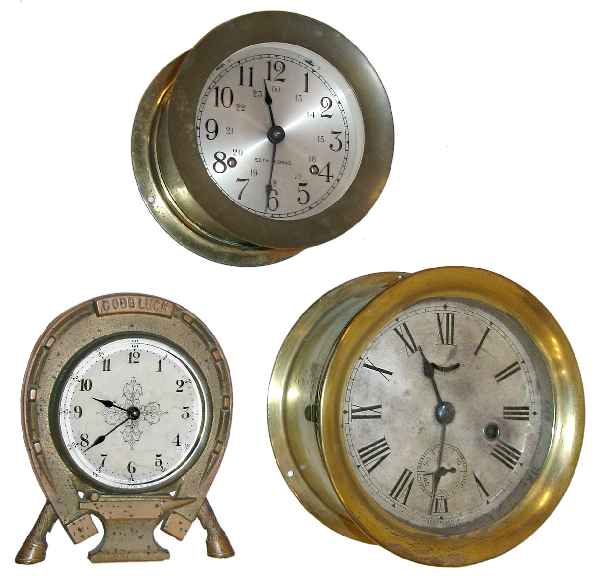 Clocks- 3 (Three): The first is an E. N. Welch "Good Luck" novelty clock one day lever timepiece c1880. The second is a Seth Thomas Corsair model 8 days, lever ships bell strike c1962. The third is a Seth Thomas 8 days, lever timepiece movement marine clock c1930. — Antique Clocks Price Guide