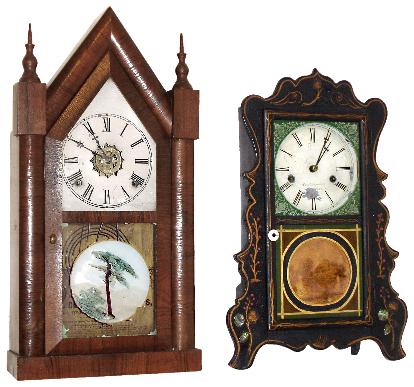 Clocks- 2 (Two): (1) E. & A. Ingraham, Bristol, Conn., 30 hours, time and strike, painted and gold decorated with MOP shelf clock. (2) Waterbury Clock Co., Waterbury, Conn., 8 days, time, strike and alarm sharp gothic or steeple clock. — Antique Clocks Price Guide