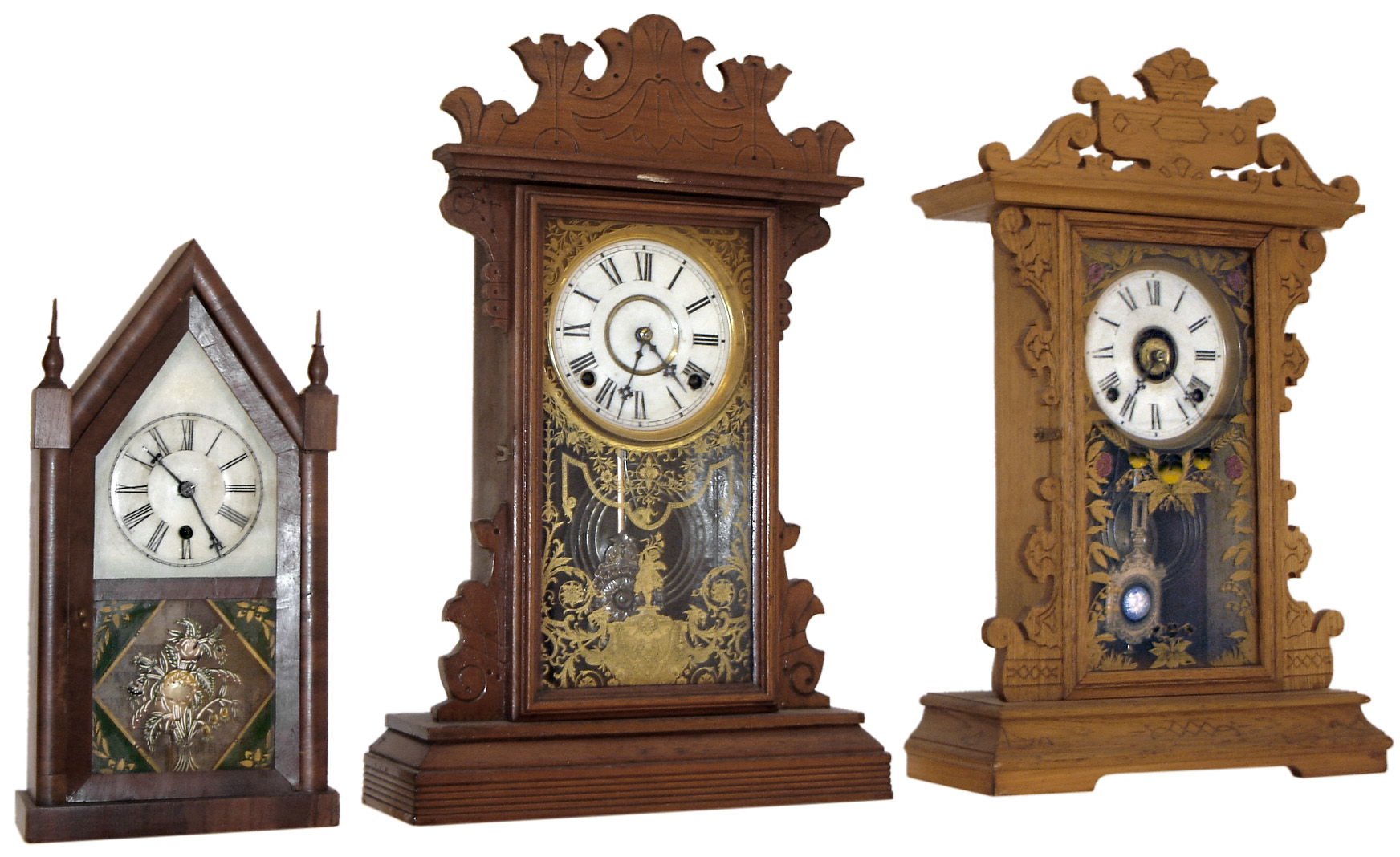 Clocks- 3 (Three)= (1) William L. Gilbert & Co., Winchester, Conn., 30 hours, miniature sharp gothic or steeple timepiece, c1865  (2) E. N. Welch Mfg. Co., Forestville, Conn., "Garcia", 8 days, time and strike, mantel clock, c1889   (3) E.N. Welch Mfg. Co., Forestville, Conn., 8 days, time and strike, mantel clock. — Antique Clocks Price Guide
