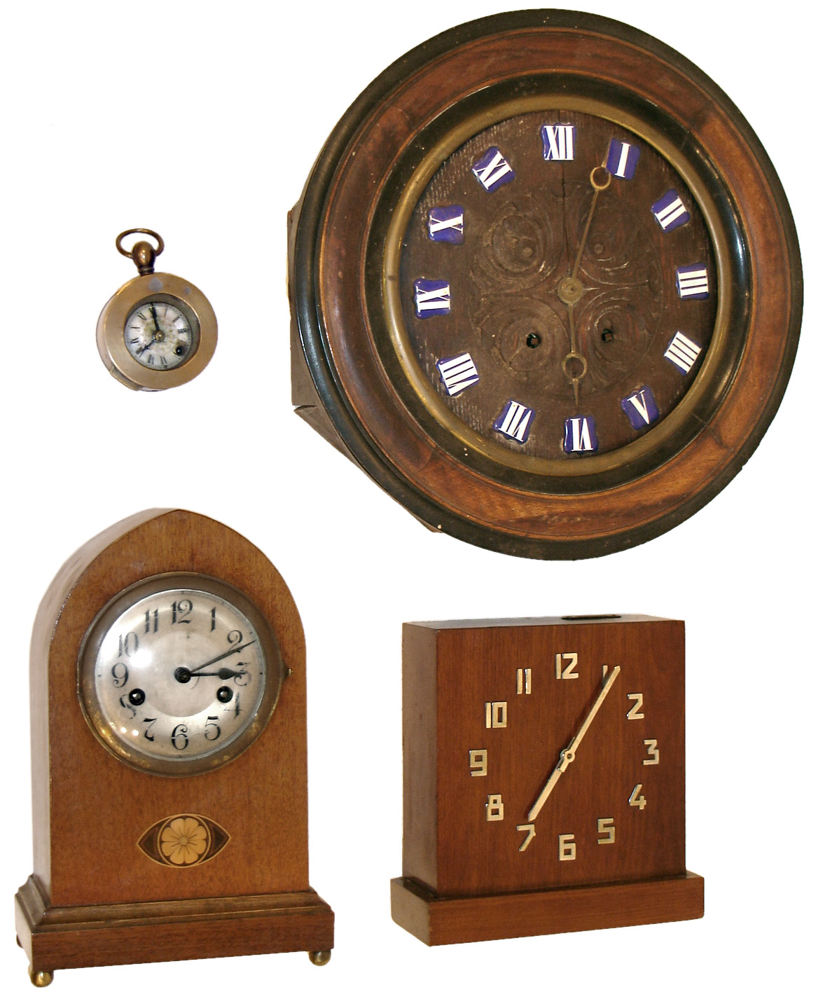Clocks- 4 (Four):  small beehive style case German 8 days, spring driven time and strike, clock, c1900. The second is a Hamburg-American 30 hours, timepiece adapted for saving coins via slot in case top, c1940. The third is a French gallery wall clock with 8 days, time and strike, movement, c1900. The fourth is a small French or German movement adapted to a later heavy brass case, c1900. — Antique Clocks Price Guide