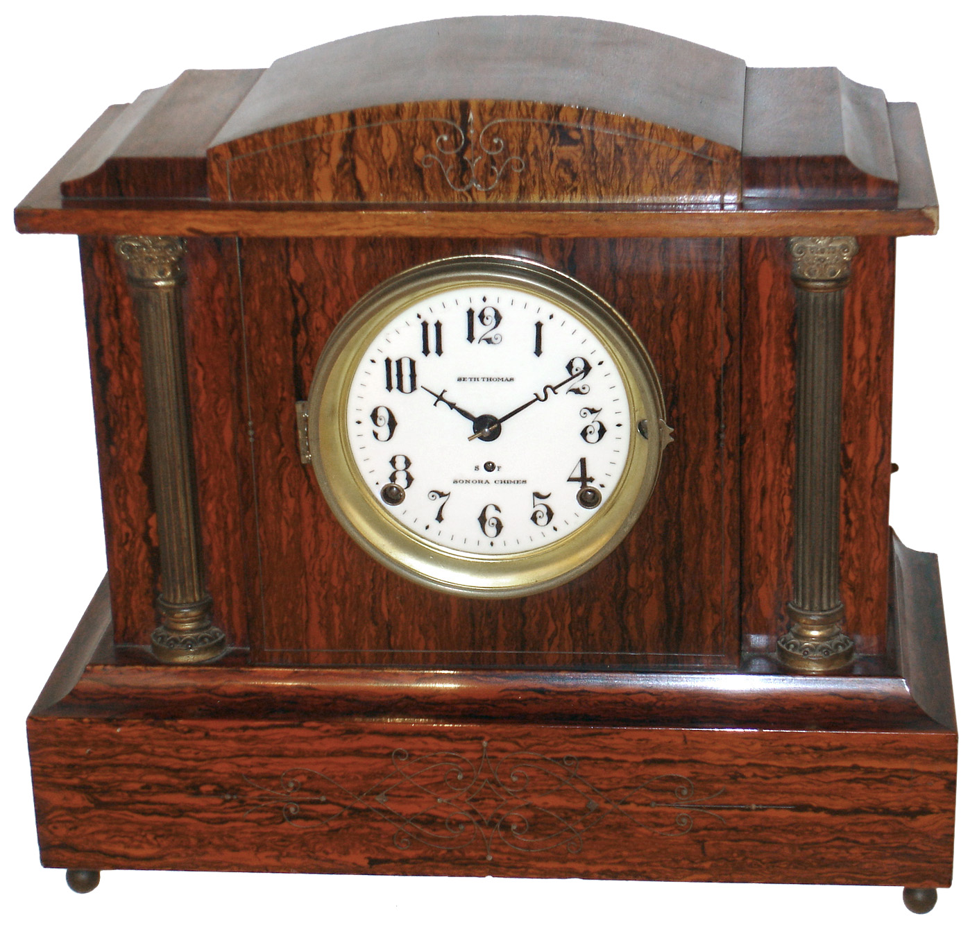 Seth Thomas Clock Co., Thomaston, Conn., "Chime Clock No. 1" mahogany Adamantine 4-bell Westminster chime 8 days, mantel clock, c1910 — Antique Clocks Price Guide