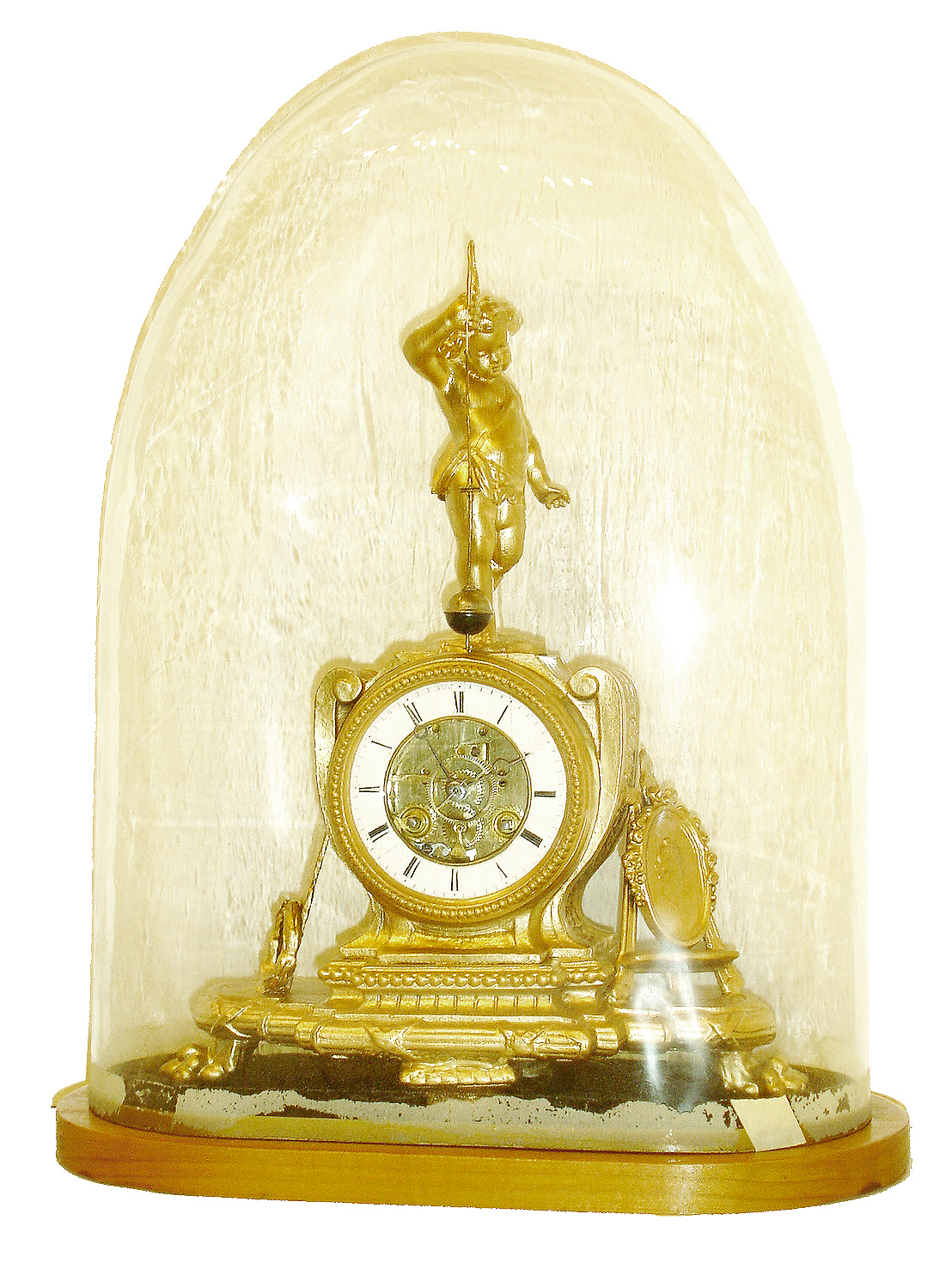 French mantel clock with conical pendulum, gilt spelter case with paw feet, top wit figure of a child with pendulum suspended from his right hand, Roman numeral white enamel dial with open center to allow viewing of the movement, 8 days, time and strike, movement, with dome, c1860 — Antique Clocks Price Guide