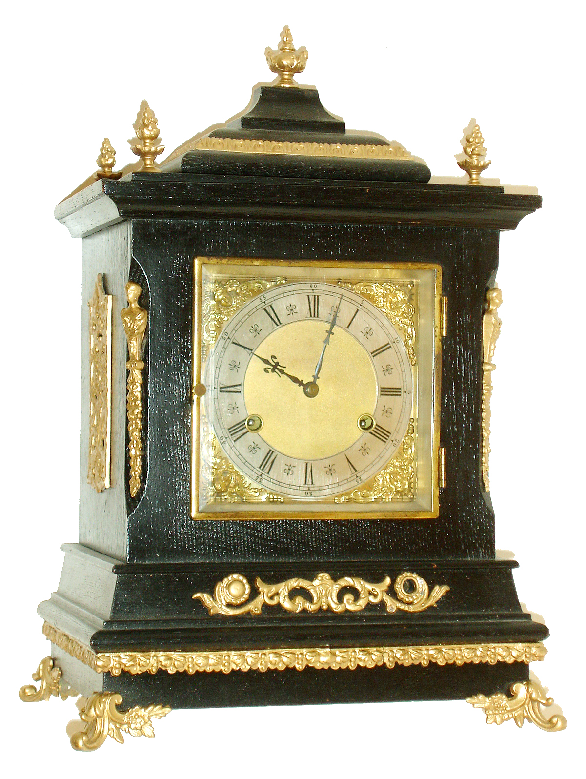 New Haven Clock Co., New Haven, Conn., mantel clock "Chime No. 4", mantel clock in a bracket style case with cast ornament Roman numeral composite dial, 8 days, time and strike, movement, with separate chime movement, playing Westminster chimes on gongs, — Antique Clocks Price Guide