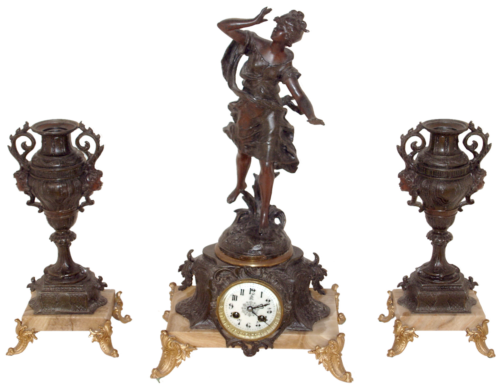 French 3 piece mantel garniture, patinated spelter clock case with naturalistic ornament, mounted with a patinated figure of a young woman entitled "Hesitation", after a sculpture by Aug. Moreau, vases with ornament and finish matching clock case, all on polished onyx bases with gilt scroll feet, bezel with thick beveled glass, Arabic numeral white enamel dial, blued steel hands, 8 days, time and strike, Pendule a Paris movement, c1900 — Antique Clocks Price Guide