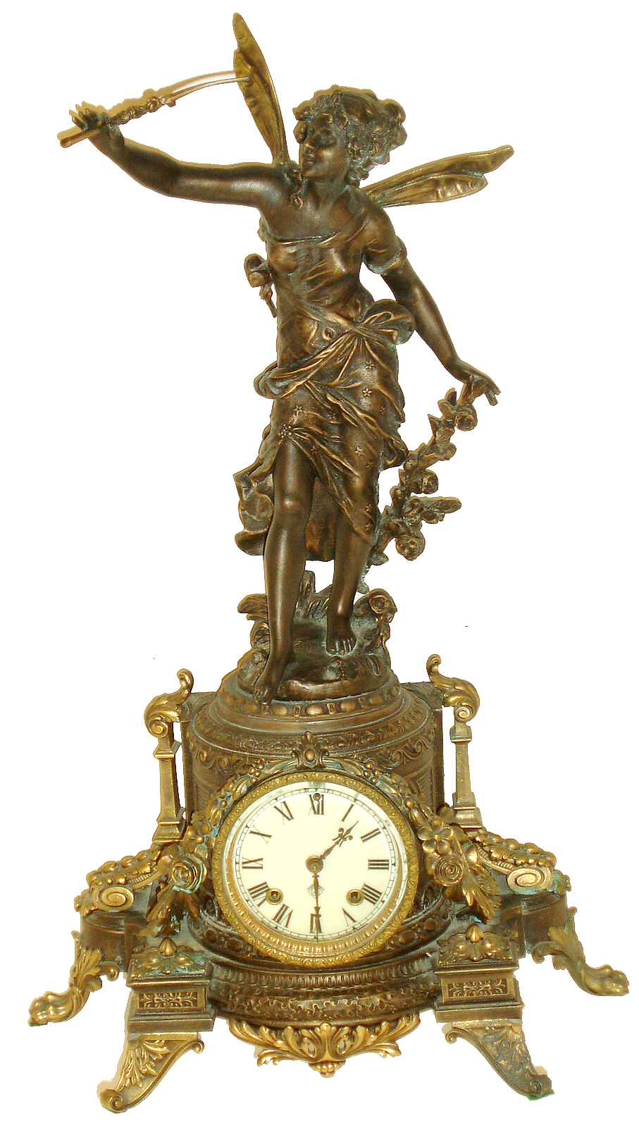 Ansonia Clock Co., New York, N.Y., "Olympia and Chloris" mantel clock, heavily ornamented cast spelter case with female figure, all with various gilt and patinated finishes, Roman numeral white enamel dial, blued steel fleur de lis hands, 8 days, time and strike, movement, c1905 — Antique Clocks Price Guide