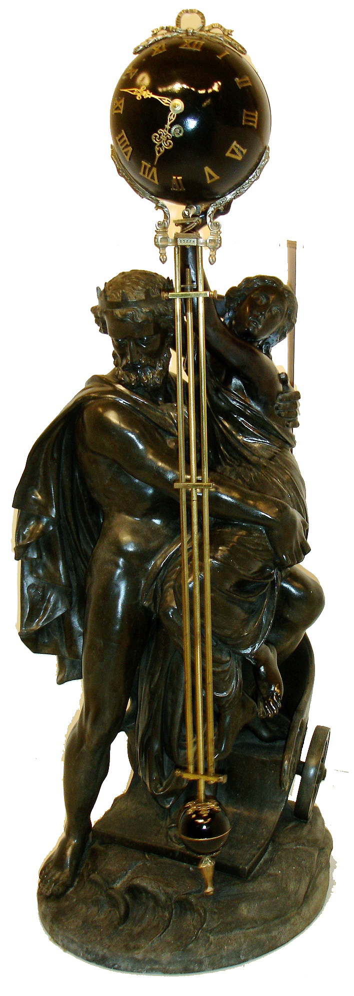 French, large swinging arm clock, now suspended from a double statue depicting Persephone's return from Hades in the arms of Hermes, carried on his chariot.  Most cast figures from this era evidence the revival of Greek mythological themes; this one is patinated spelter, giving the appearance of bronze. The movement contained within the ball is signed Paul Garnier, Paris, c1890 — Antique Clocks Price Guide