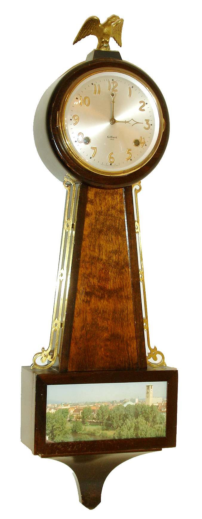 William L. Gilbert Clock Co., Winsted, Conn., 8 days, time & strike banjo wall clock, c1929 — Antique Clocks Price Guide