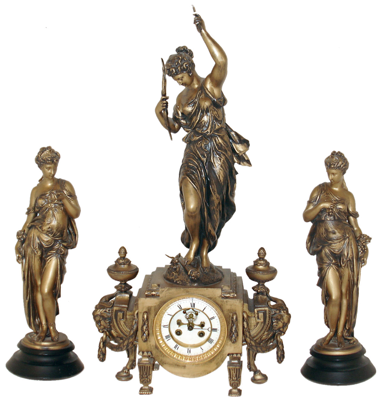 French 3 piece mantel garniture, the clock case with with classical ornament and figure of Diana, the flanking female figures with with similar dress, one contemplating a birds nest with eggs, the other with bunches of grapes, each mounted to a turned, ebonized wooden base, Roman numeral white enamel dial with recessed center and visible Brocot escapement with jeweled pallets, blued steel Breguet style hands, 8 days, time and strike, Pendule a Paris movement, c1880 — Antique Clocks Price Guide