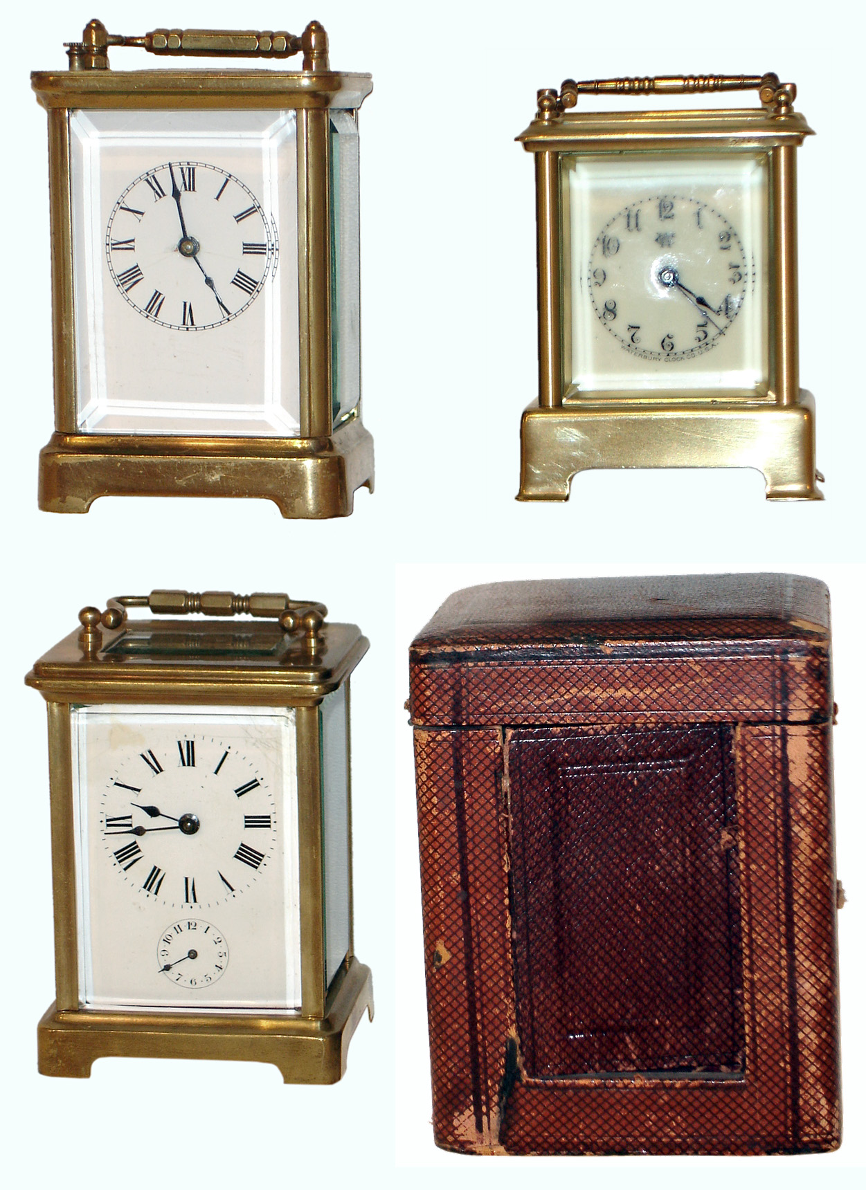 Clocks- 3 (Three) brass and beveled glass carriage clocks: French 8 days, time and alarm in original leather travel case; Waterbury "Conductor" 30 hours, time only; Waterbury "Sage" time, alarm and repeating strike; early 20th century — Antique Clocks Price Guide