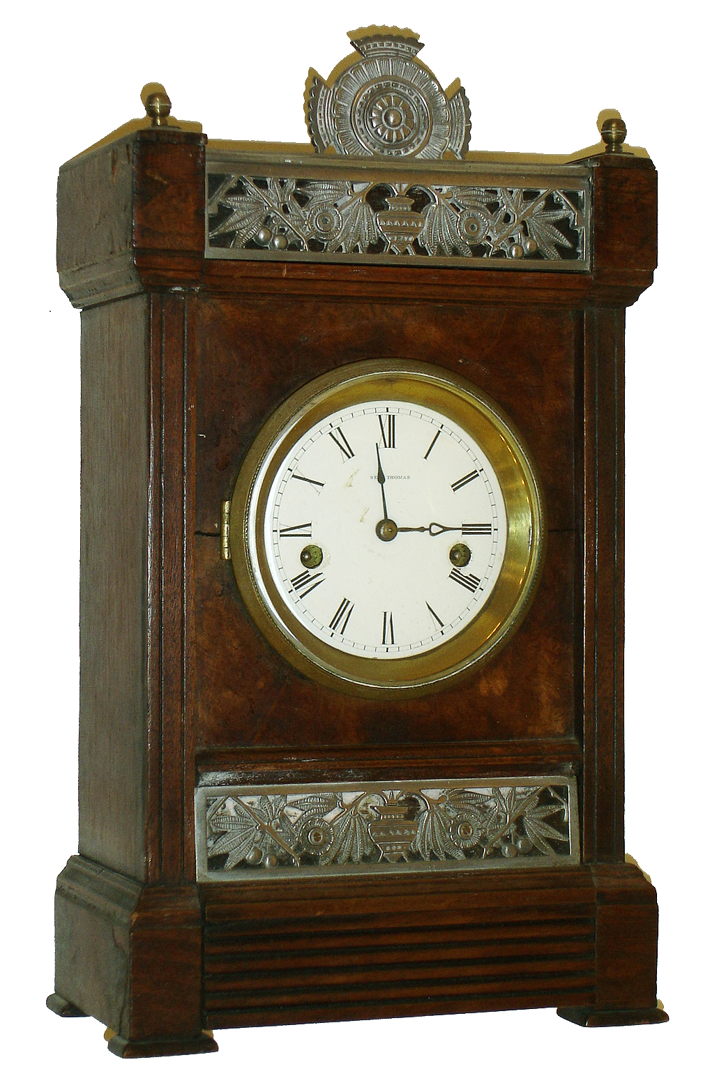 Seth Thomas Clock Co., Thomaston, Conn., "Austin" City Series mantel clock in walnut. 8 days, time and strike, (cathedral gong on hours and half hours on a bell), c1885. — Antique Clocks Price Guide