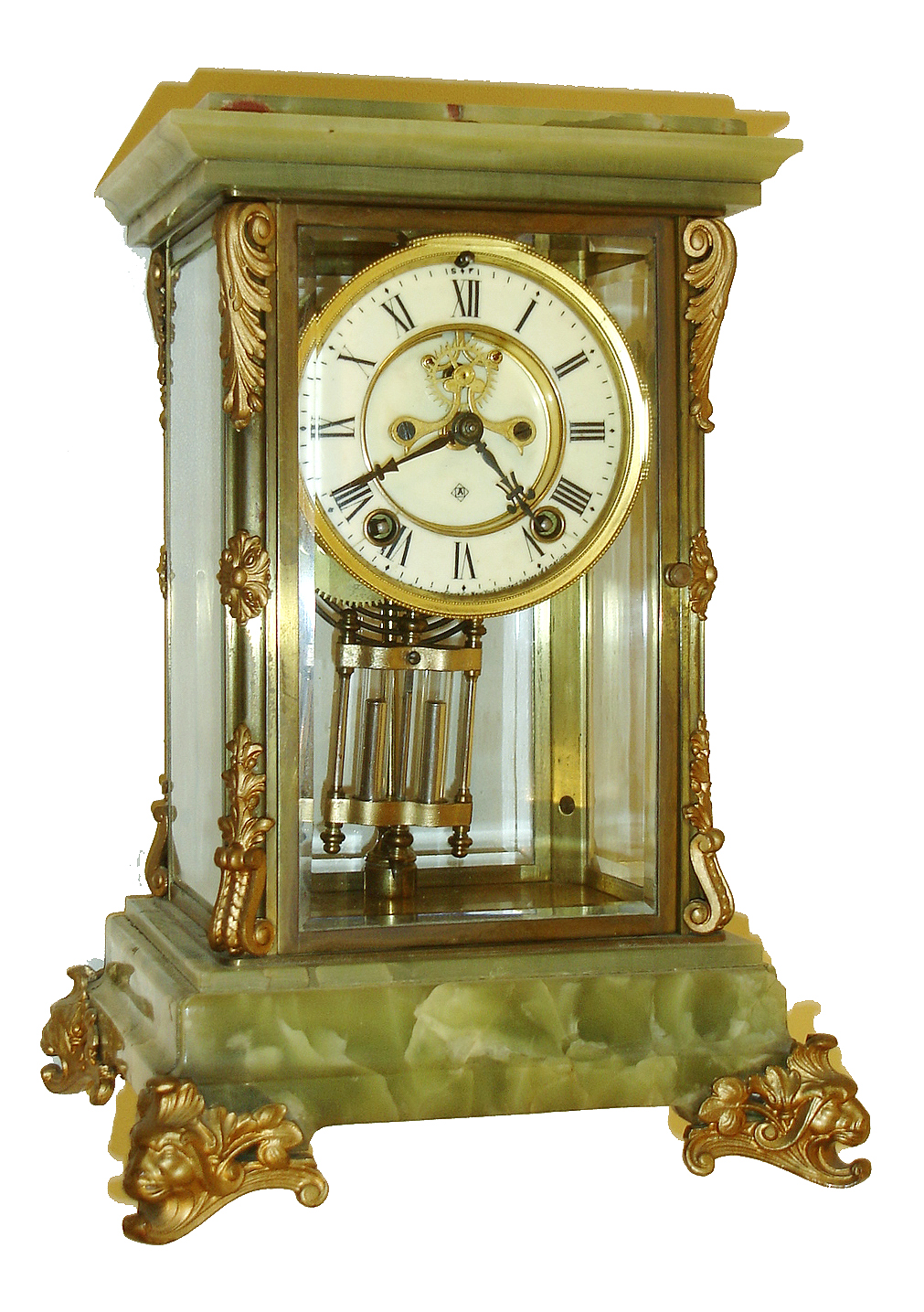 Ansonia Clock Co., Ansonia, Conn., "Griffin", 8 days, time and strike, gilt brass and onyx crystal regulator mantel clock, c1914 — Antique Clocks Price Guide
