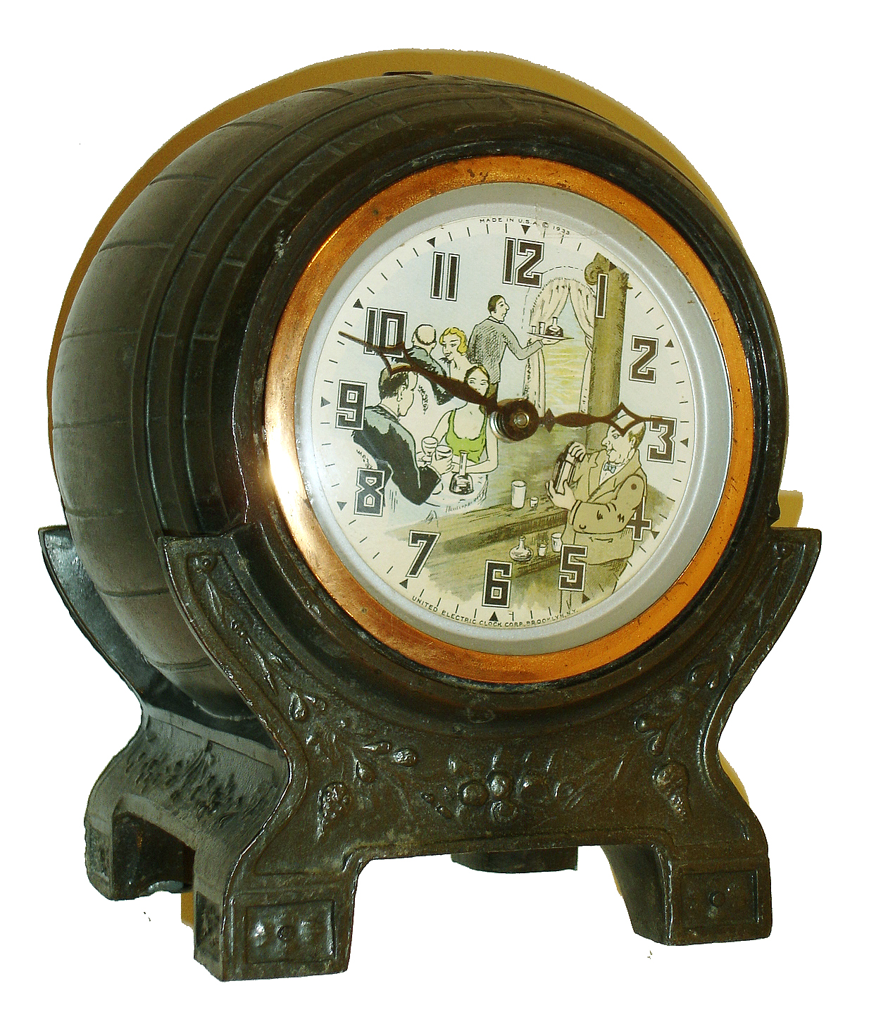 United Electric Co., Brooklyn, NY, 30 hour, lever movement novelty automaton timepiece in the form of a keg with an action on the dial of a man agitating a cocktail shaker, c1933 — Antique Clocks Price Guide