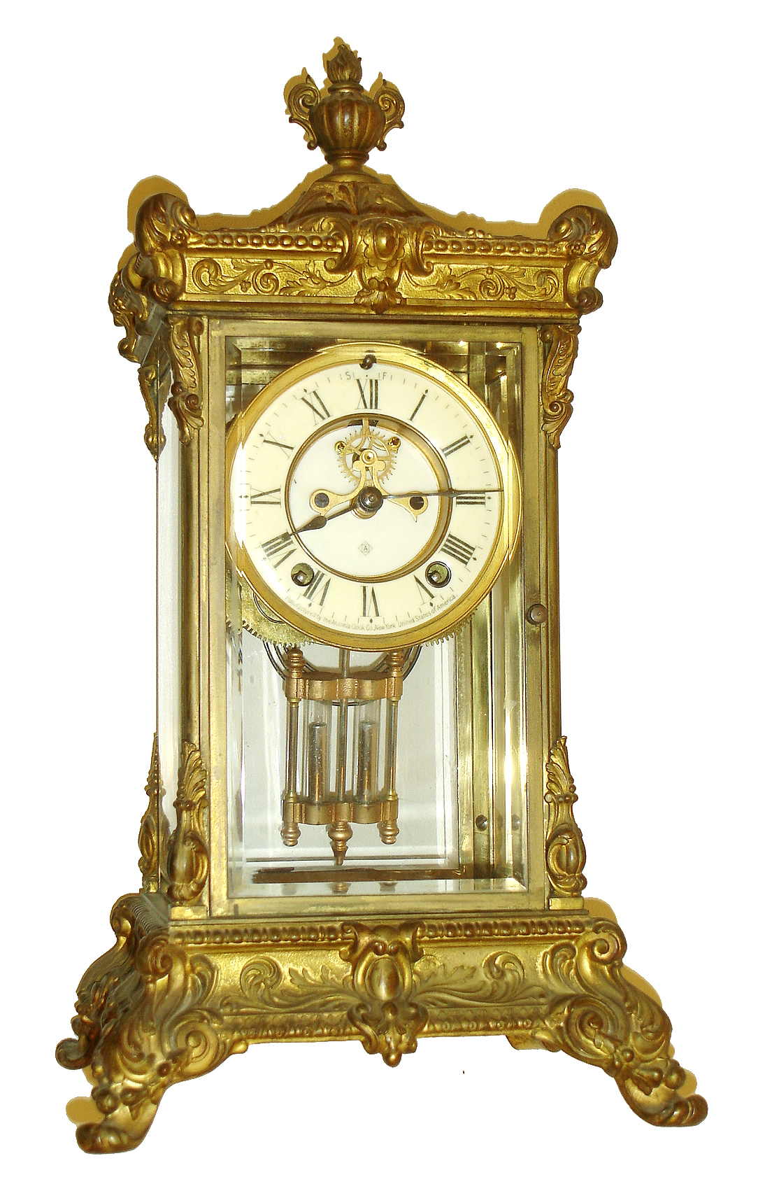Ansonia Clock Co., Ansonia, Conn., "Elysian", 8 days, time and strike, crystal regulator mantel clock, c1914 — Antique Clocks Price Guide