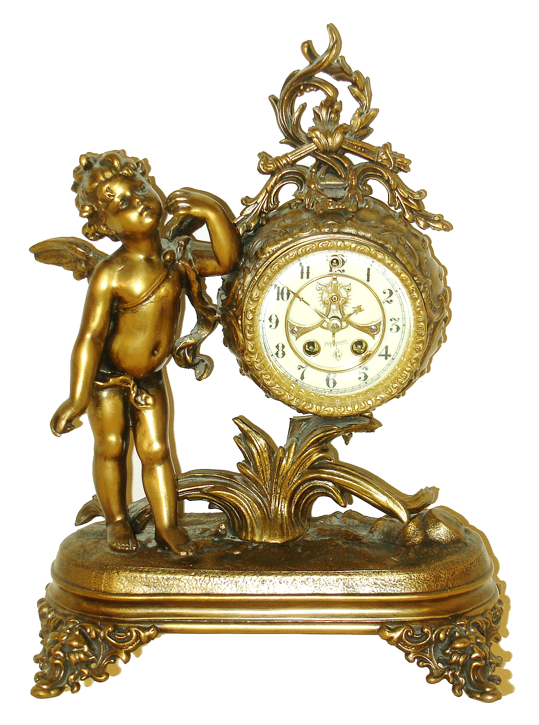 William L. Gilbert Clock Co., Winsted, Conn., "Grace", 8 days, time and strike, cast metal figural mantel clock, c1905 — Antique Clocks Price Guide
