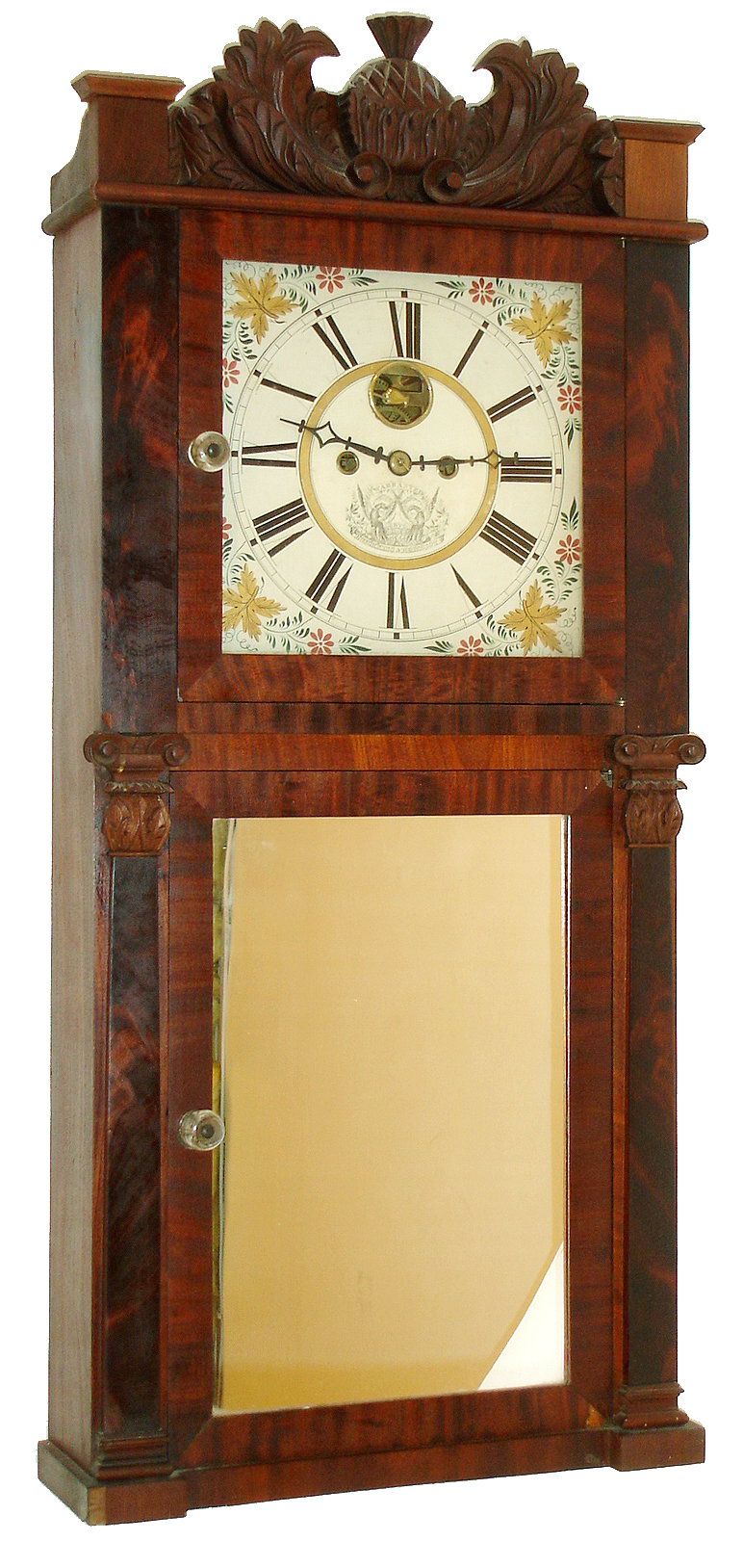 Hotchkiss and Benedict, Auburn, NY carved splat mantel clock with 8 days, time and strike, weight driven movement with carved splat and carved column caps, c1835. — Antique Clocks Price Guide