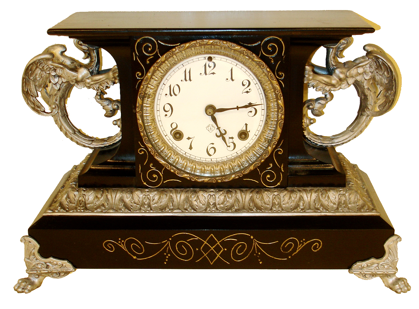 Ansonia Clock Co., New York, "Belgium" enameled iron 8 days, time and strike, mantel clock with ornate cast metal feet, handles and moldings, c1904 — Antique Clocks Price Guide