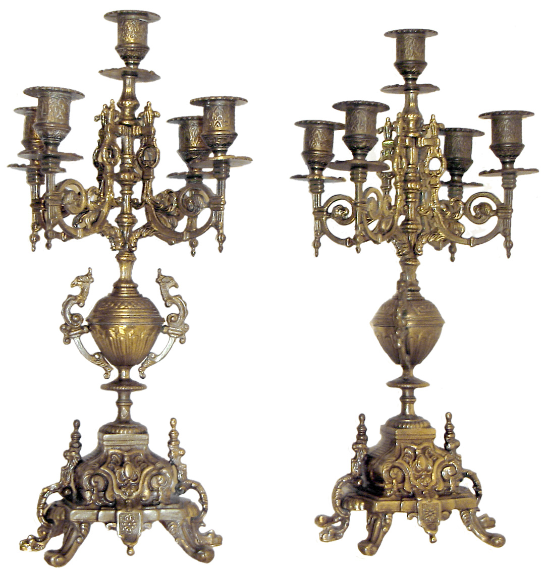 Candle stands cast brass 5-cup ornate pair similar to Ansonia models. — Antique Clocks Price Guide