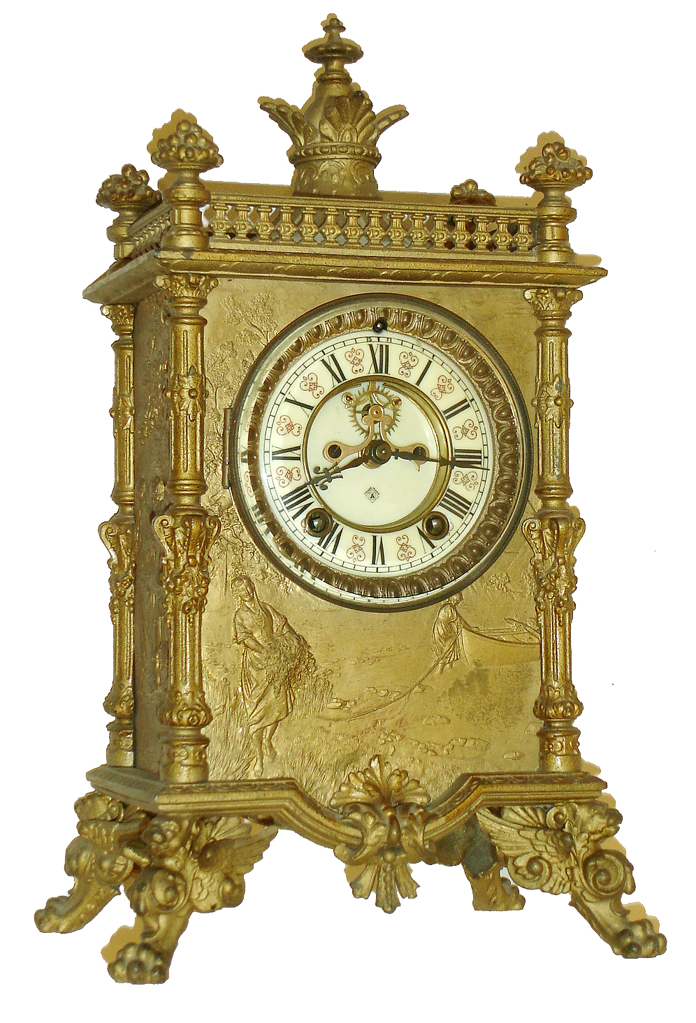 Ansonia Clock Co., Ansonia, Conn., "Elite" mantel clock, 8 days, time and strike, visible escapement, cast metal case, c1904, — Antique Clocks Price Guide