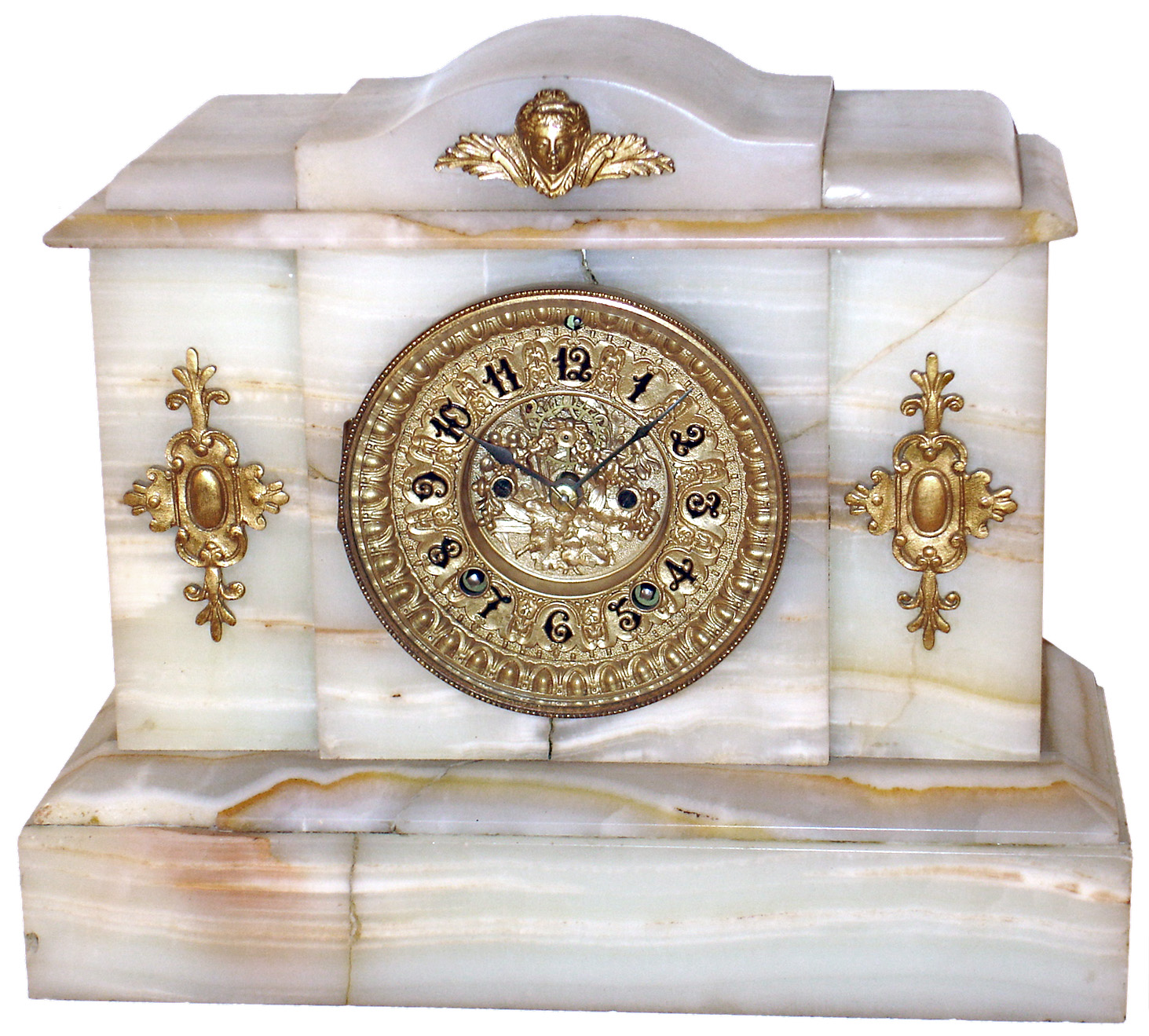 Ansonia Clock Co., New York, variation of "Ansonia" model, white onyx 8 days, time and strike, mantel clock, visible escapement, c1895 — Antique Clocks Price Guide