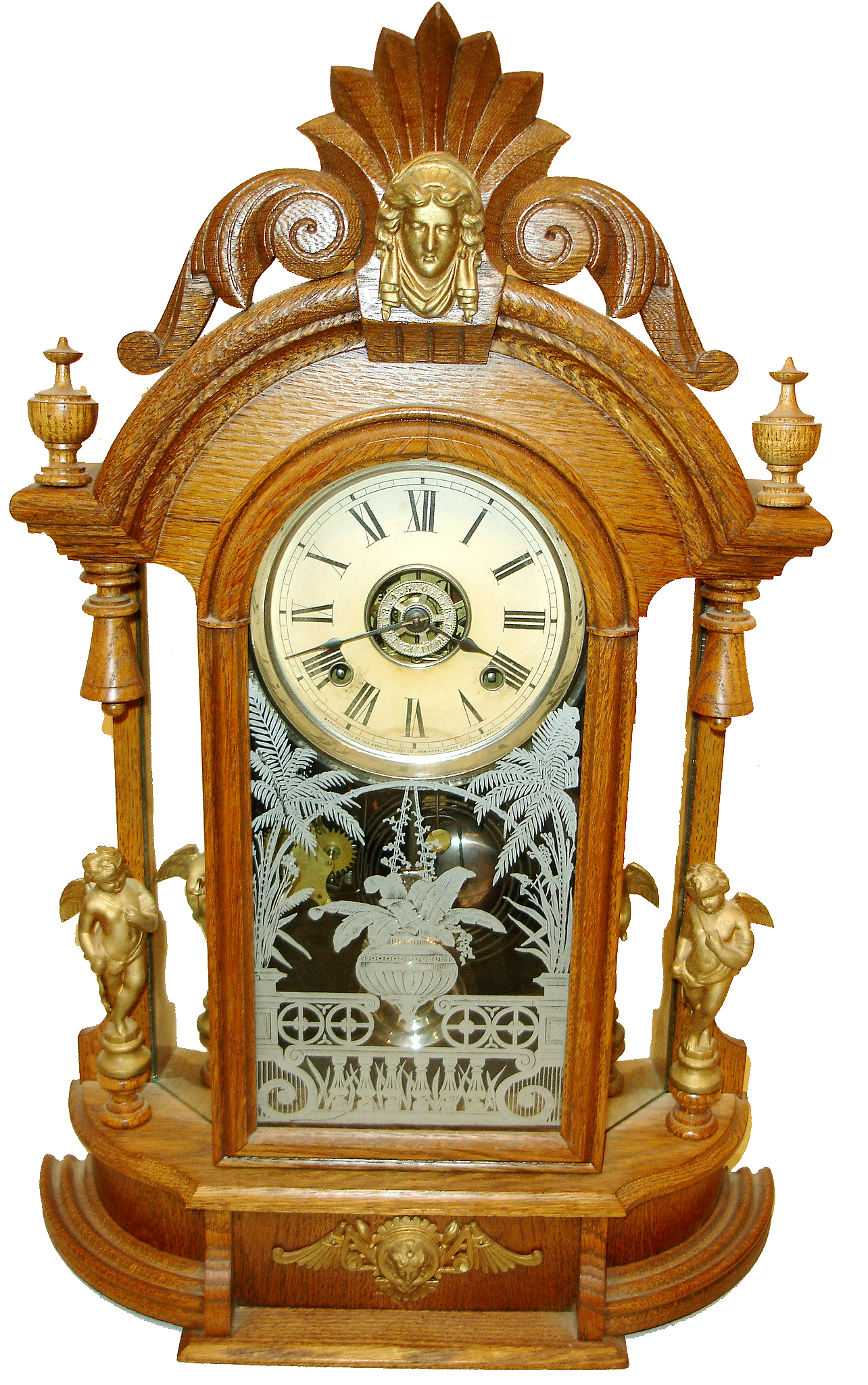 Ansonia Clock Co, Brooklyn, NY "Triumph" mirror sided mantel clock in oak case, 8 days, time, strike and alarm, c1880 — Antique Clocks Price Guide