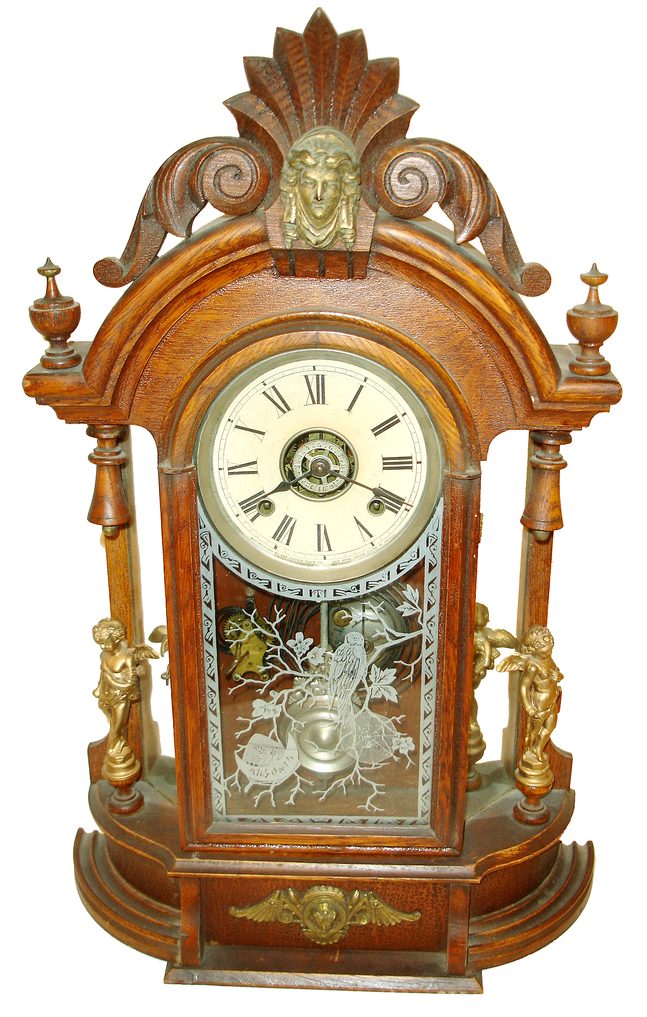 William L. Gilbert Clock Co., Winsted, Conn., "Occidental" mirror sided mantle clock, 8 days, time and strike, walnut case, c1891. — Antique Clocks Price Guide