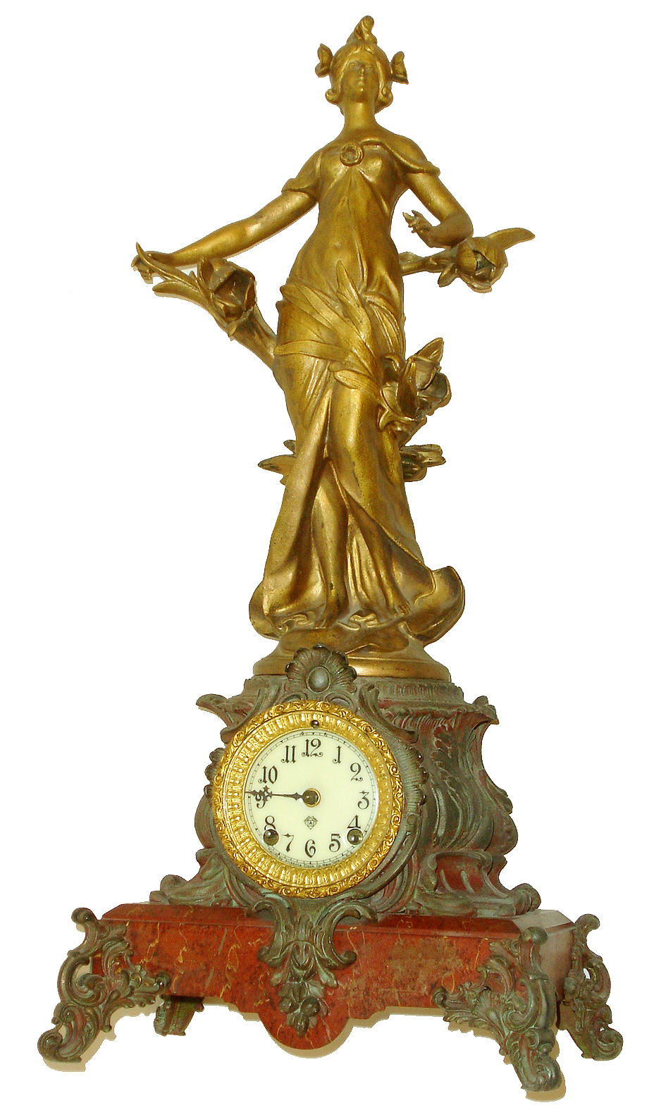 Ansonia Clock Co., New York, NY, "Cymric base with statue no 1175", 8 days, time & Strike brass movement figural mantel clock, c1904 — Antique Clocks Price Guide