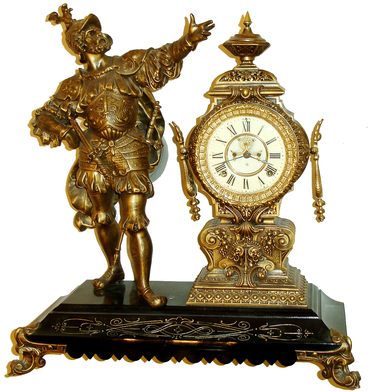 Ansonia Clock Co., New York, "Insult" Japanese Bronze 8 days, time and strike, cast metal figural mantel clock, visible escapement, c1894 — Antique Clocks Price Guide