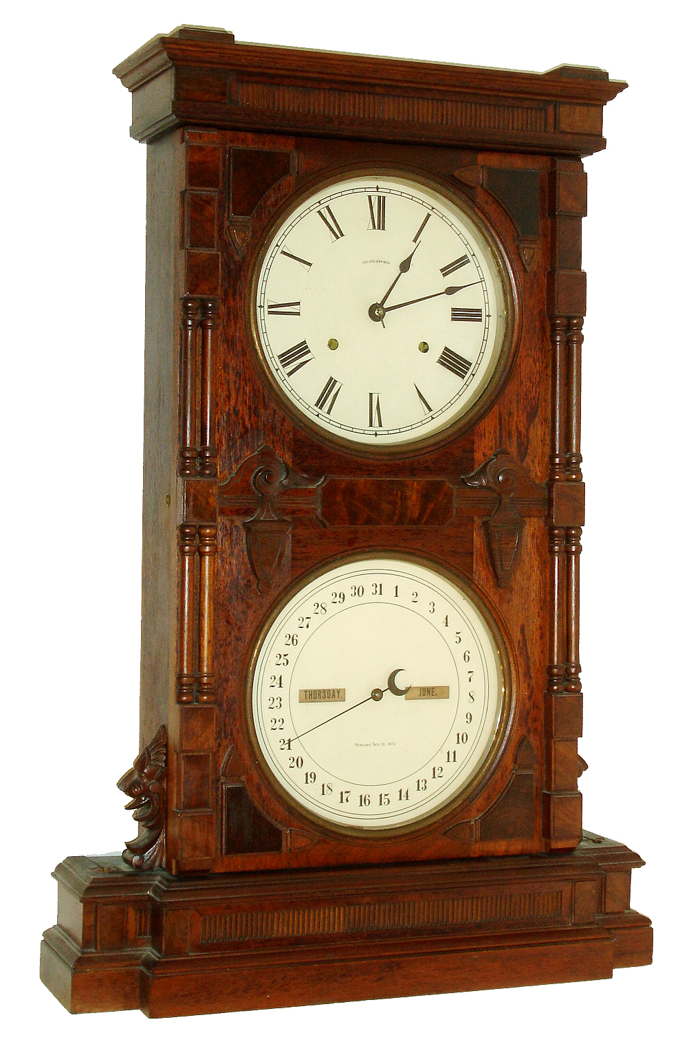 Seth Thomas Clock Co., Thomaston, Conn., "Parlor Calendar No. 10" double dial calendar shelf clock. 8 days, time and strike, weight driven movement. 1885 date stenciled on back of case. — Antique Clocks Price Guide