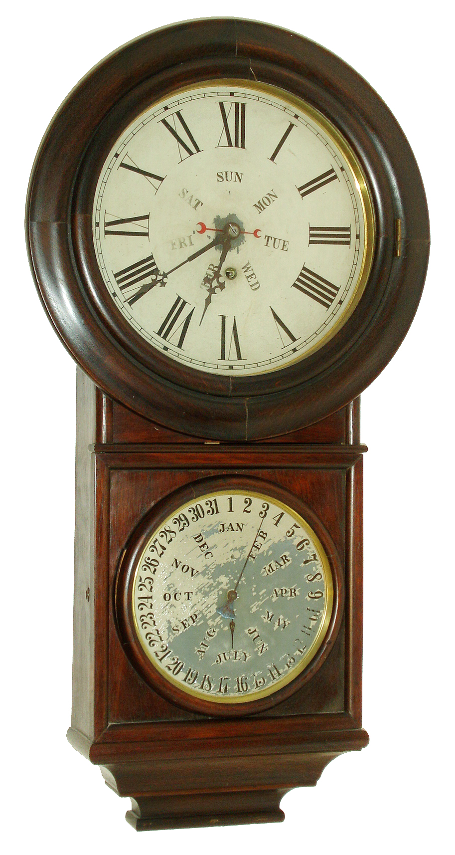 Welch, Spring & Co., Forestville, Conn., "Round Head, Regulator No. 4", 8 days, double dial calendar timepiece, c1878 — Antique Clocks Price Guide