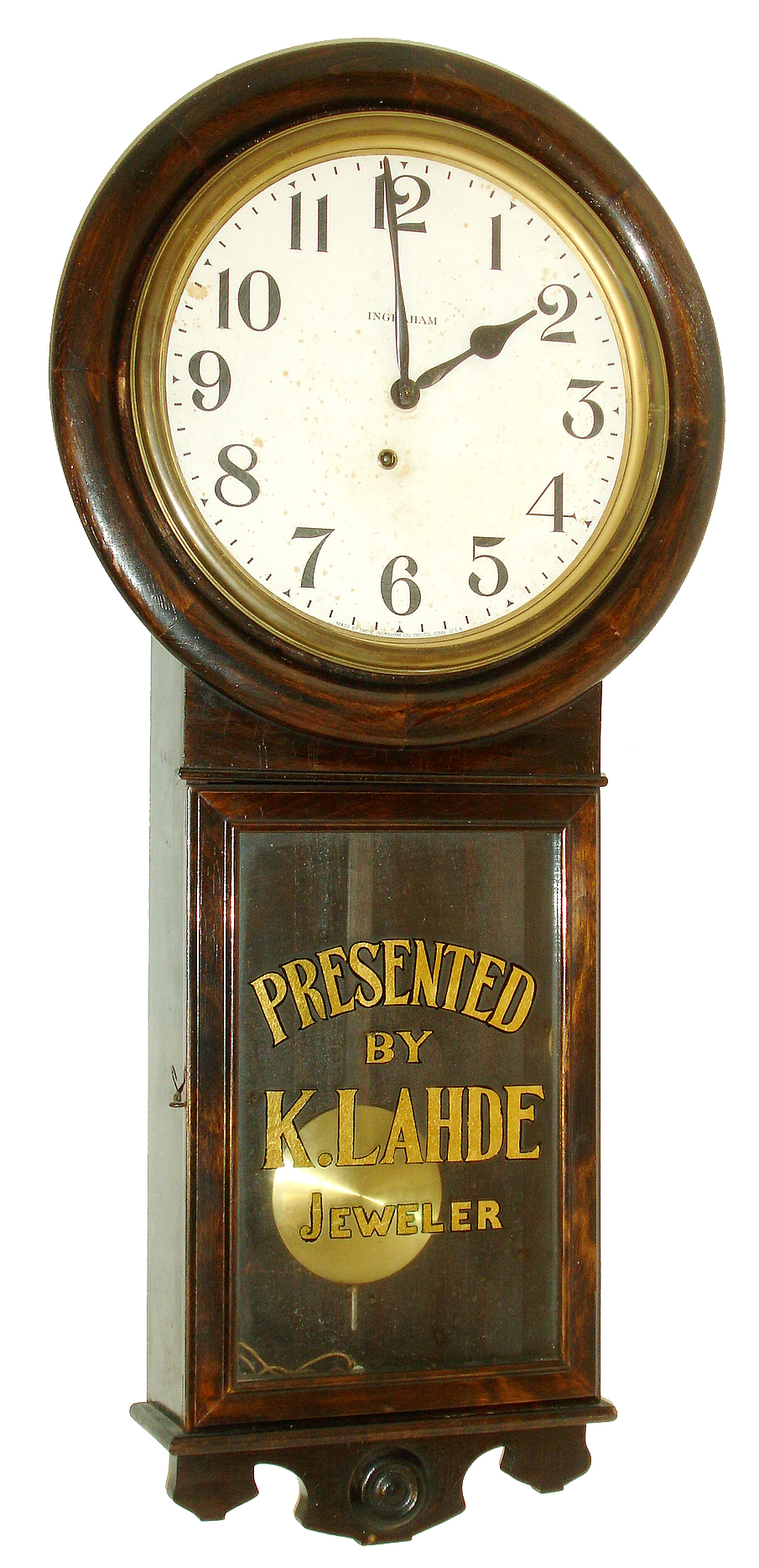 E. Ingraham & Co., Bristol, Conn., "Ormond", 8 days, regulator timepiece with a gilt glass that reads: " Presented by K. Lahde Jeweler", c1911 — Antique Clocks Price Guide