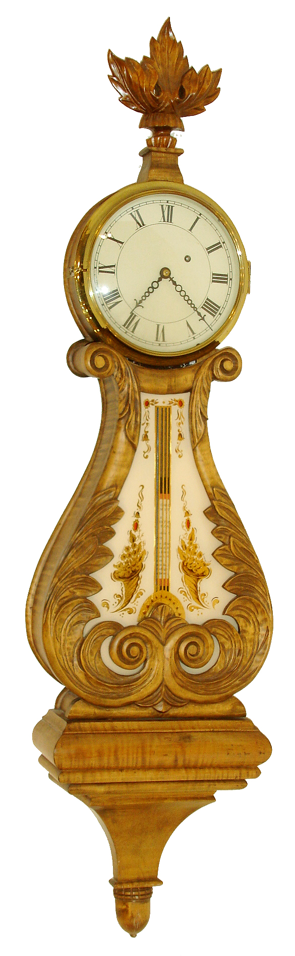 Peter Libbey, Portland, Maine, reproduction of a Sawin lyre banjo (the same model reproduced by both Stennes and Campos), with a Kilbourn & Proctor, 8 days, weight driven movement, dial and tablets by Ted Burleigh, Jr, dated 1978. this is one of 3 made of tiger maple; details on weight baffle inside. — Antique Clocks Price Guide