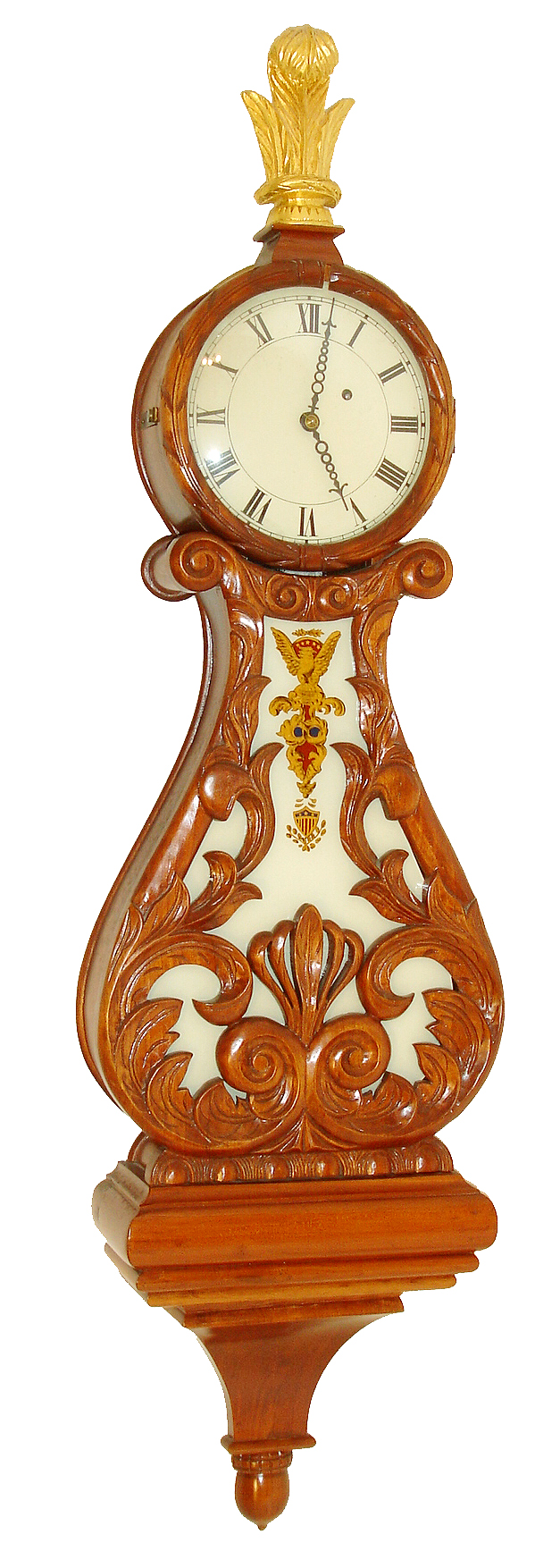 Peter Libbey, Rockland, Maine, 8 days, reproduction of an Aaron Willard, Jr. carved wall lyre timepiece. The dial and tablet were painted by Ted Burleigh, Jr. The movement by Kilbourn & Procter. This is one of three produced, c1978 — Antique Clocks Price Guide