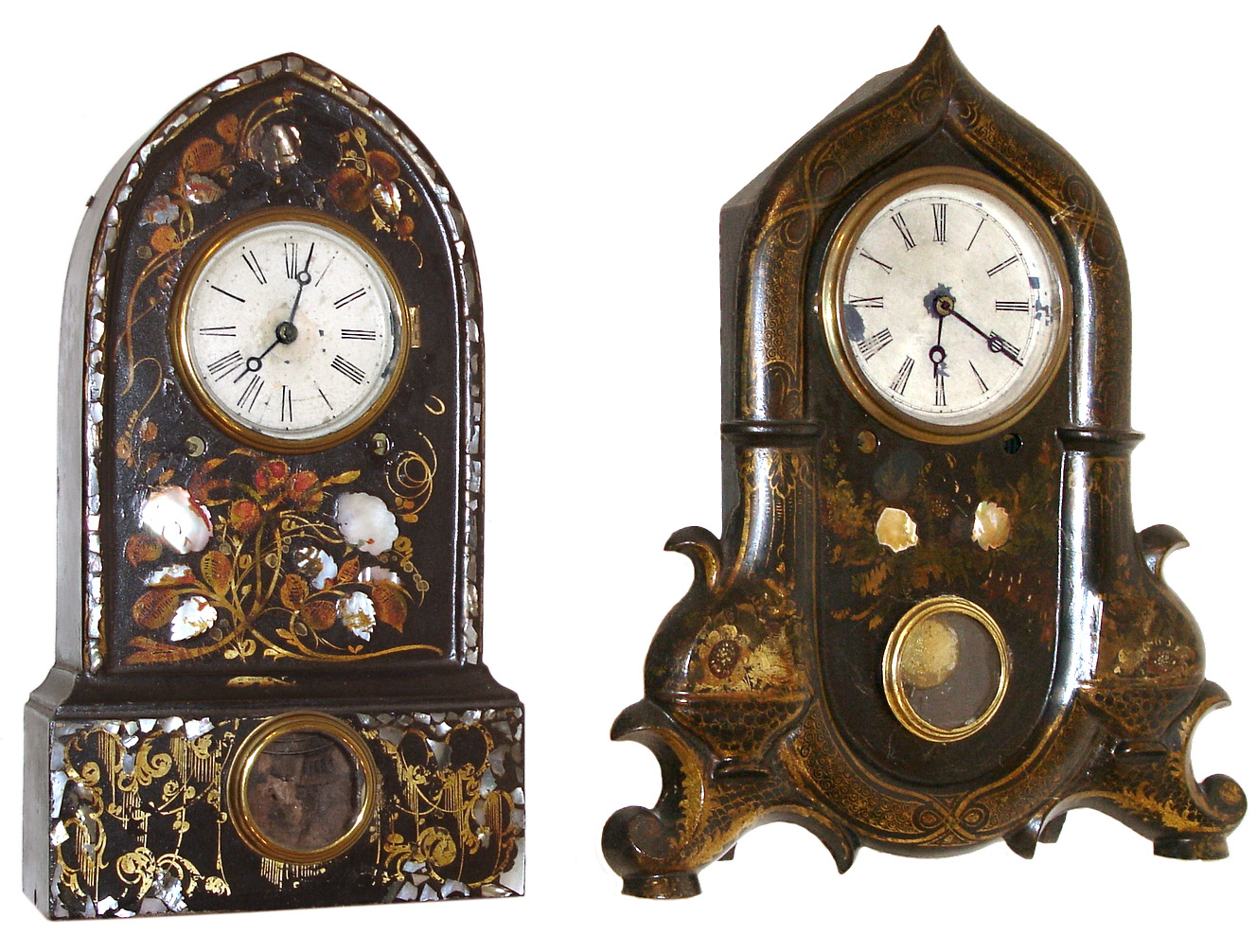Clocks- 2 (Two): (1) Chauncey Goodrich, Forestville, Conn., 8 days, time and strike, iron front shelf clock, c1850 (2)Ansonia Clock Co., Ansonia, Conn., 8 days, time and strike, iron case shelf clock, c1850 — Antique Clocks Price Guide