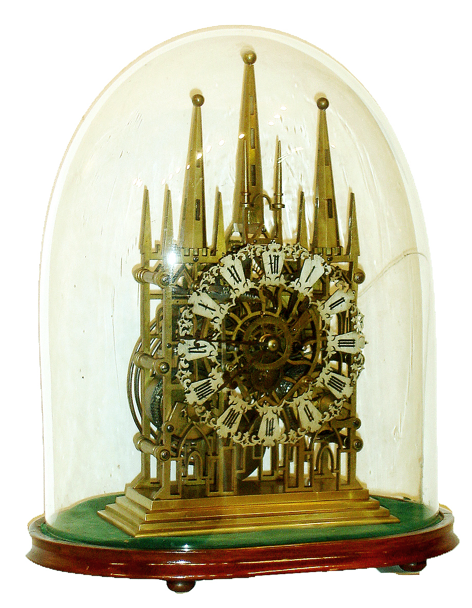English double fusee, striking skeleton clock, in the form of Litchfield Cathedral, with a pierced & silvered silvered dial, c1870 — Antique Clocks Price Guide